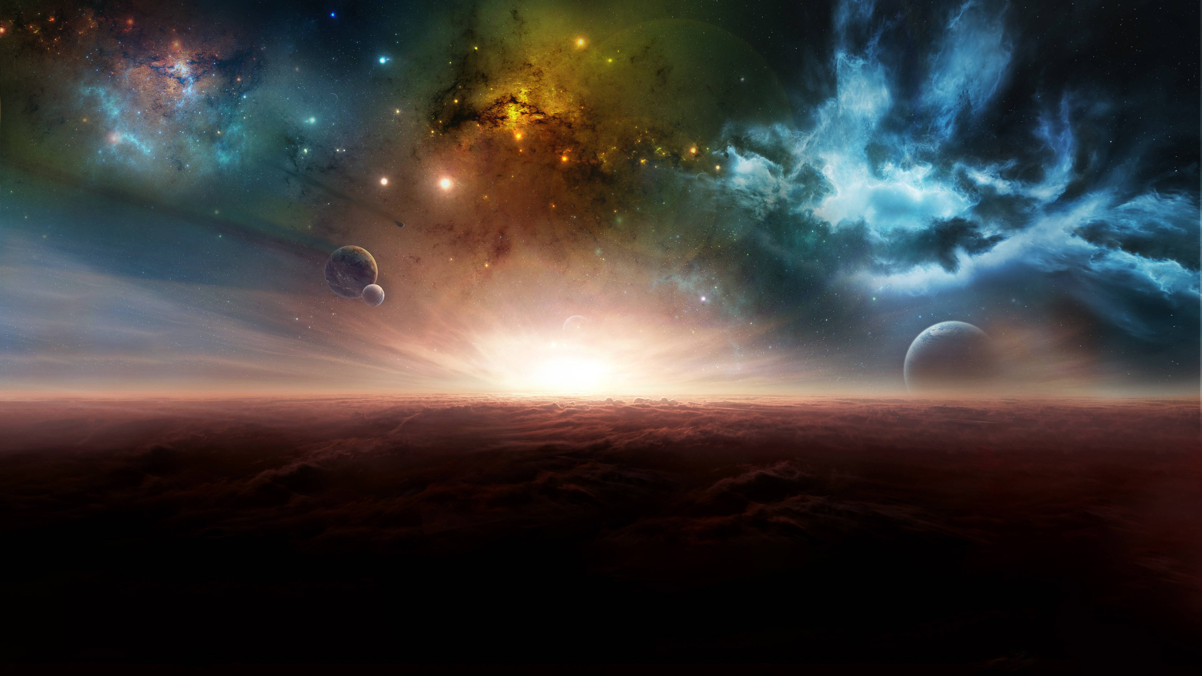 生病 桌布 壁紙 — 異星雲層上的宇宙日出，充滿活力的星雲和遙遠的行星在超現實的太空景觀中發光。