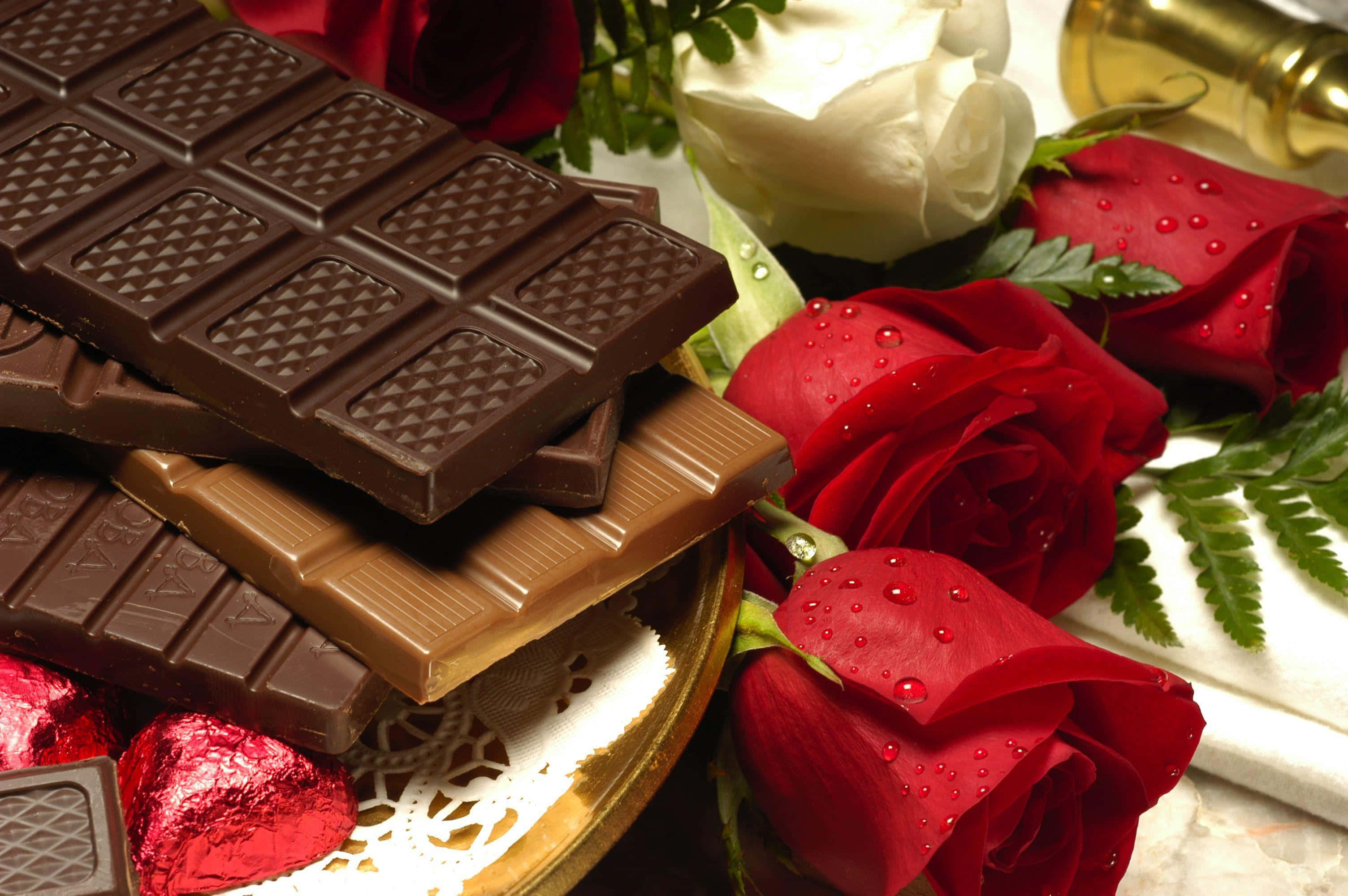 Chocolate 桌布 壁紙 — 疊放的黑巧克力和牛奶巧克力條放在金色盤子上，旁邊有沾滿露水的紅玫瑰和白玫瑰。