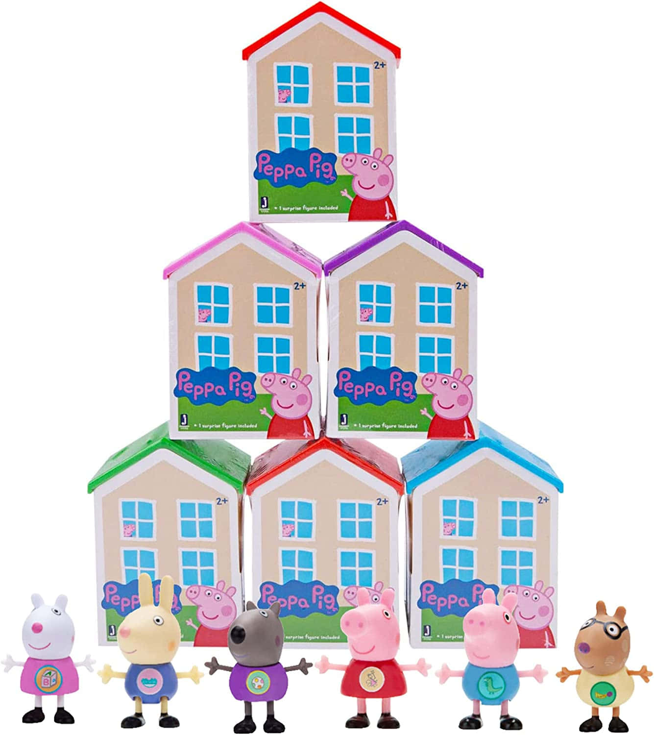 Peppa Pig Family 桌布 壁紙 — 疊起的Peppa Pig玩具屋盒，前面有六個角色人偶排列在白色背景上。