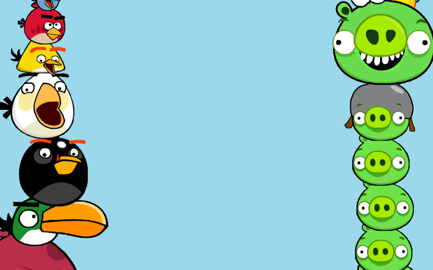 Kawaii Bird 桌布 壁紙 — 疊起的憤怒鳥角色在純藍色背景上與綠色豬對峙。
