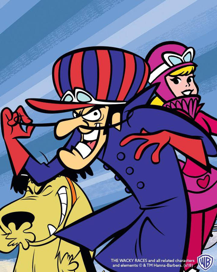 Muttley 桌布 壁紙 — 《瘋狂賽車》中的卡通角色在藍色條紋背景上以誇張的表情競賽。