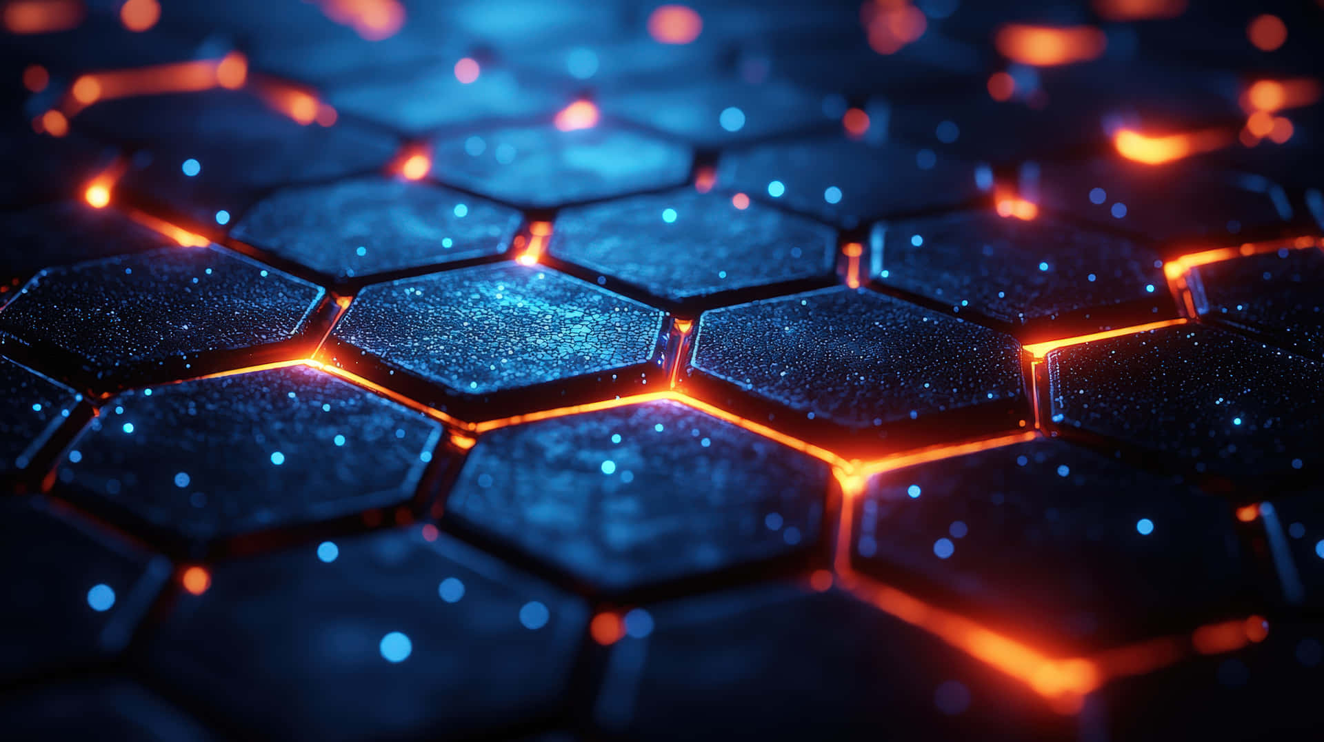 A close-up of hexagonal metallic tiles with cracks glowing in orange lava light 壁紙 — 發光六角形瓷磚的特寫，帶有藍色斑點和火熱的橙色邊緣，營造出未來感的數位表面。