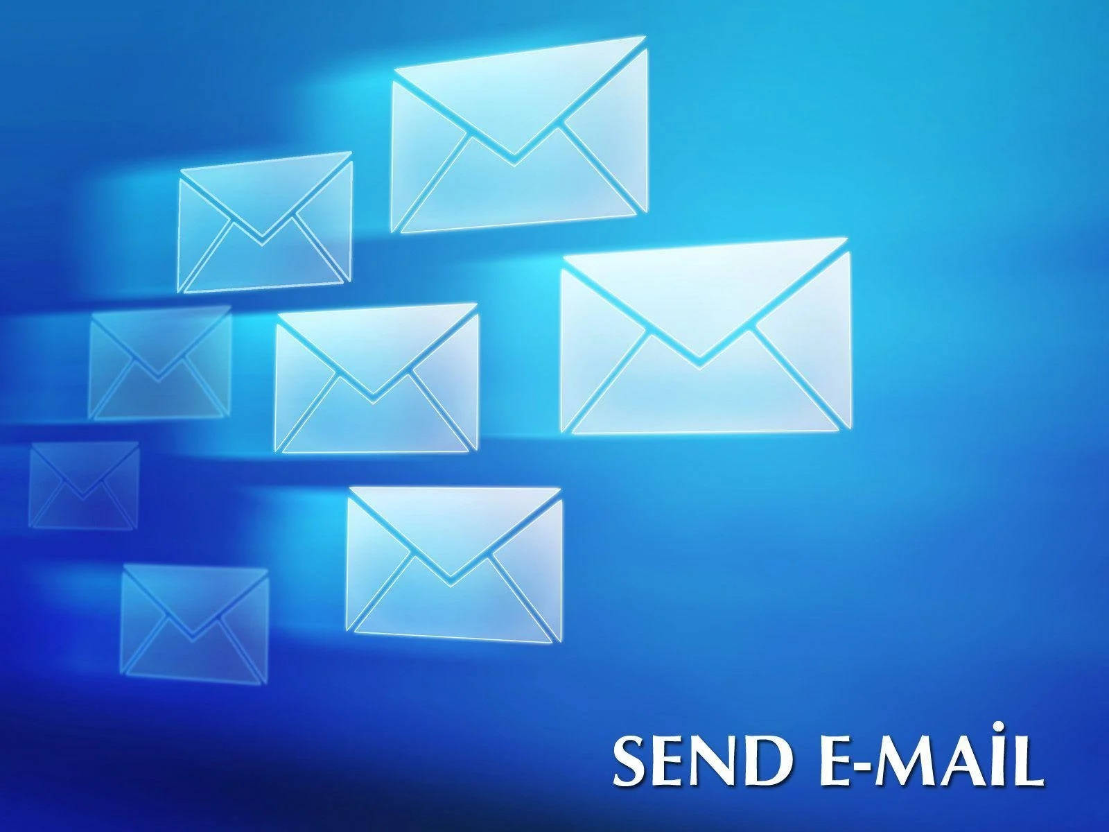 Email 桌布 壁紙 — 發光半透明電子郵件圖示漂浮在漸變藍色背景上，帶有「SEND E-MAIL」文字。