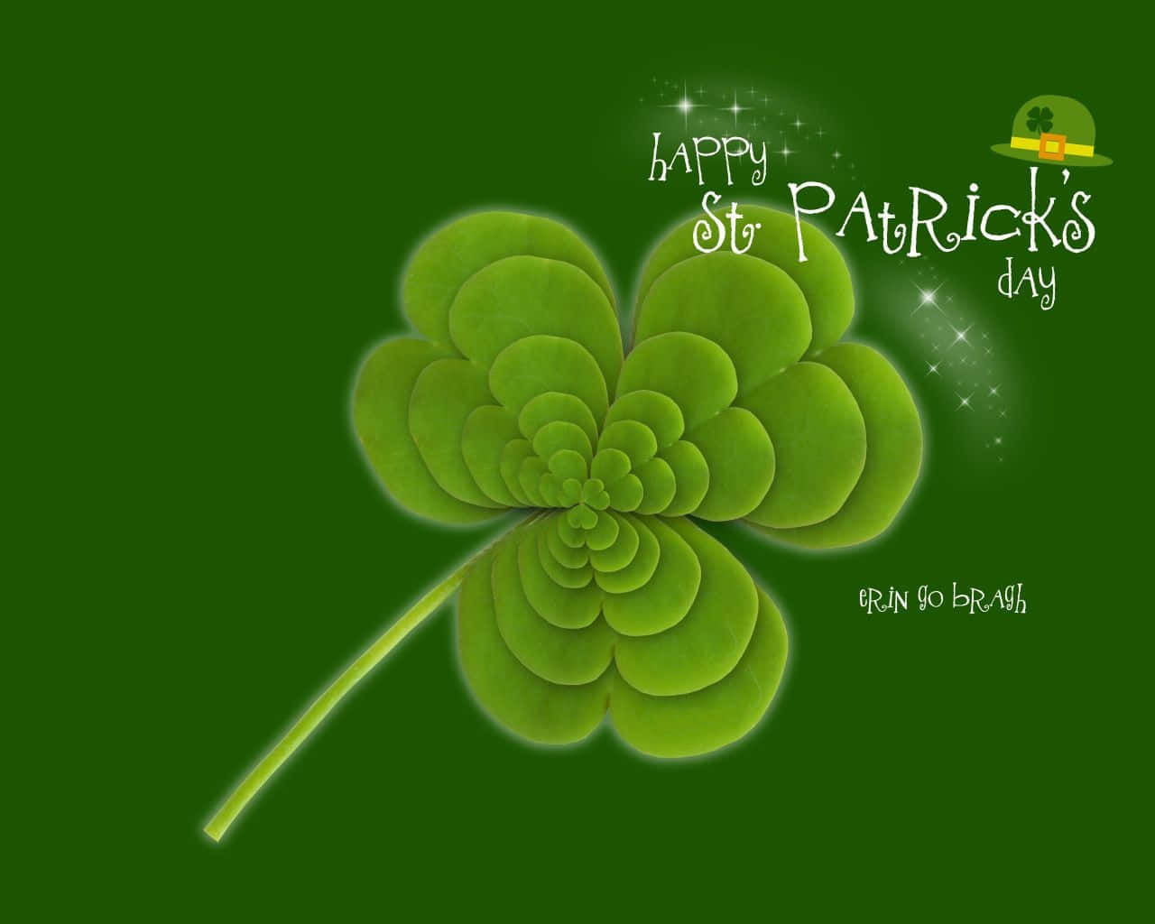 Shamrock 桌布 壁紙 — 發光四葉草，帶有閃爍文字和小妖精帽，在純綠色背景上。