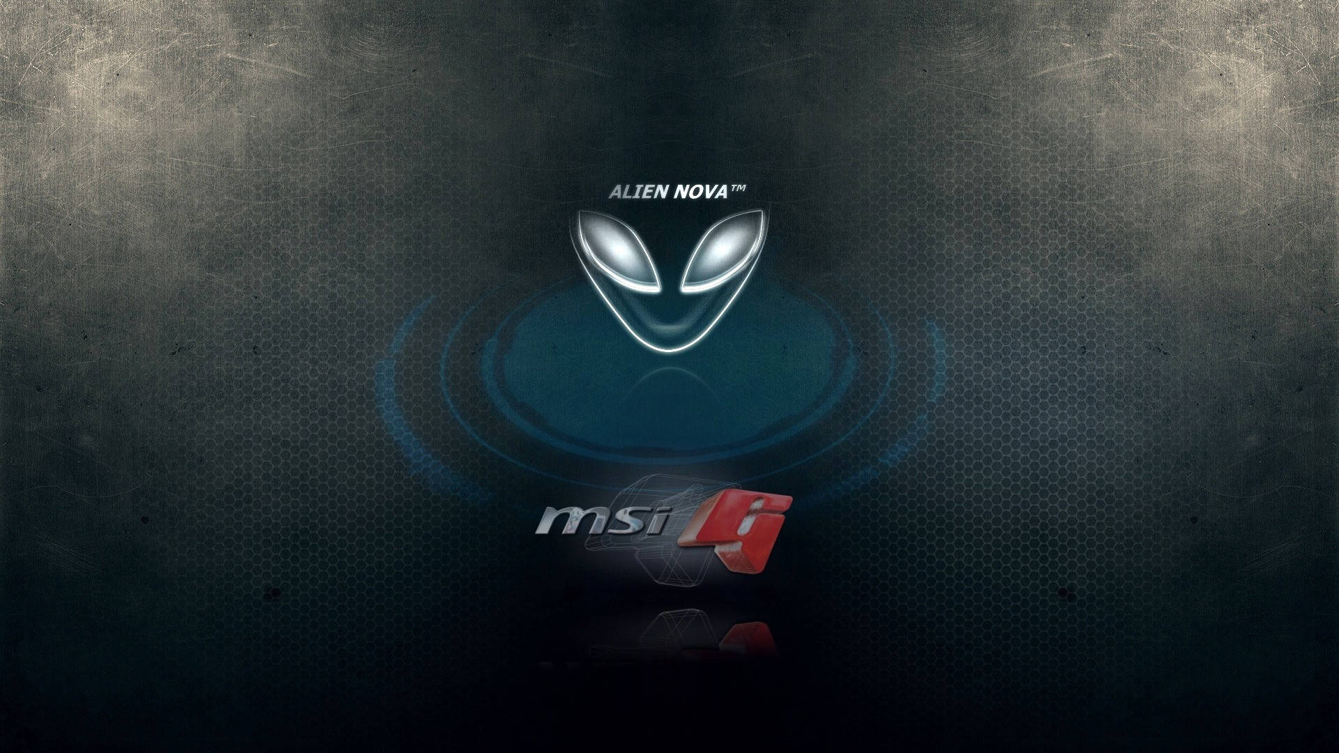 alienware logo 桌布 壁紙 — 發光外星人頭標誌，帶有 'ALIEN NOVA' 文字和 MSI 品牌標識，位於深色紋理背景上，配有藍色光環。