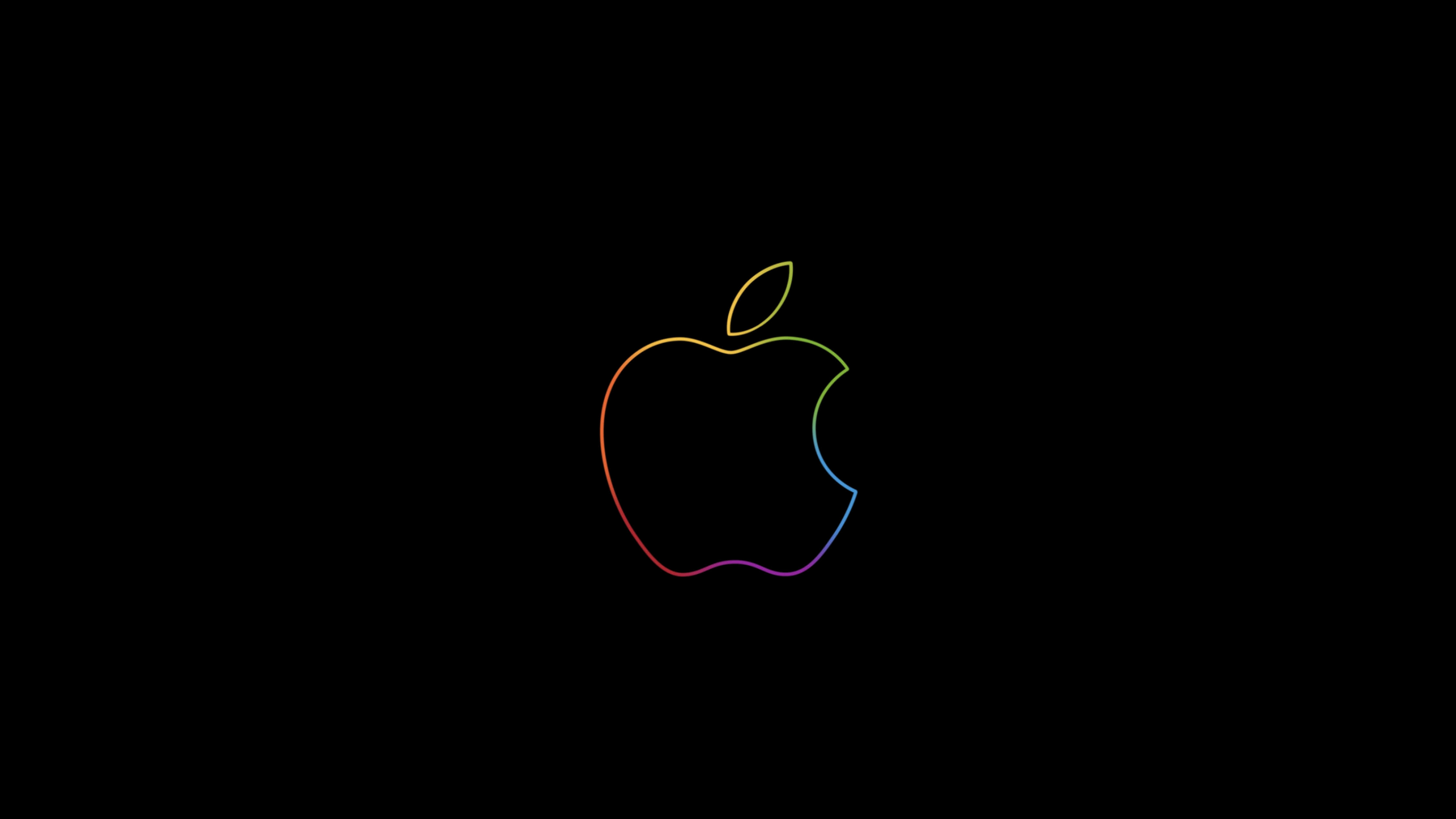 Apple 4K 桌布 壁紙 — 發光彩虹色 Apple 標誌輪廓，居中於純黑色背景上。