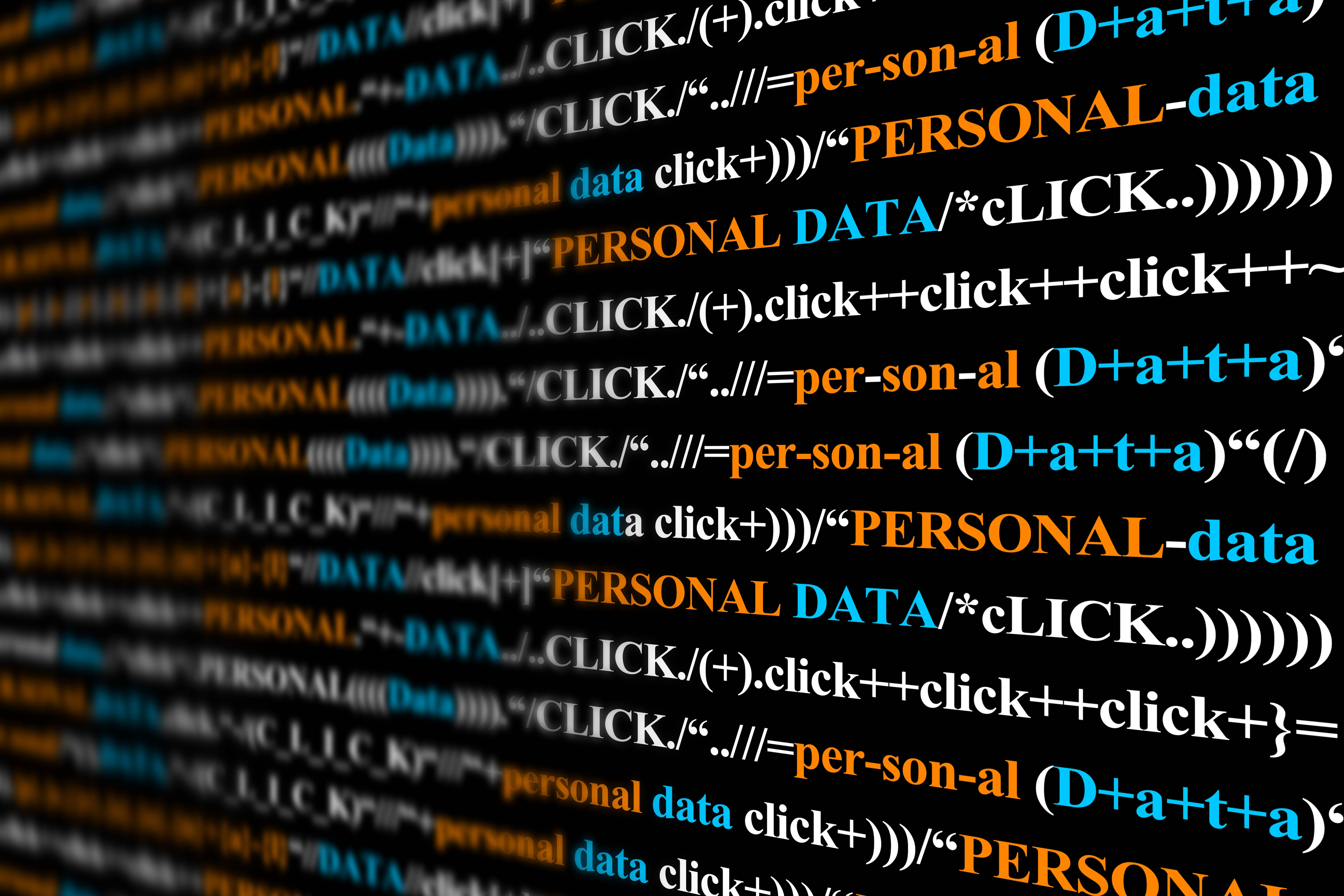 程式設計 桌布 壁紙 — 發光數位代碼行，帶有「PERSONAL DATA」和「CLICK」指令在黑暗螢幕上滾動。