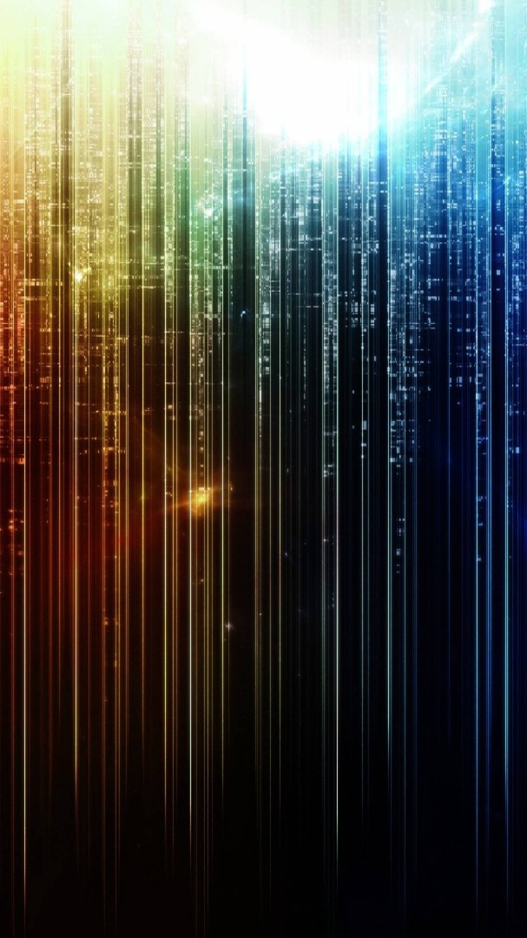 Cool Android 桌布 壁紙 — 發光數據粒子的垂直條紋從輻射光源串聯到深色漸變背景上。