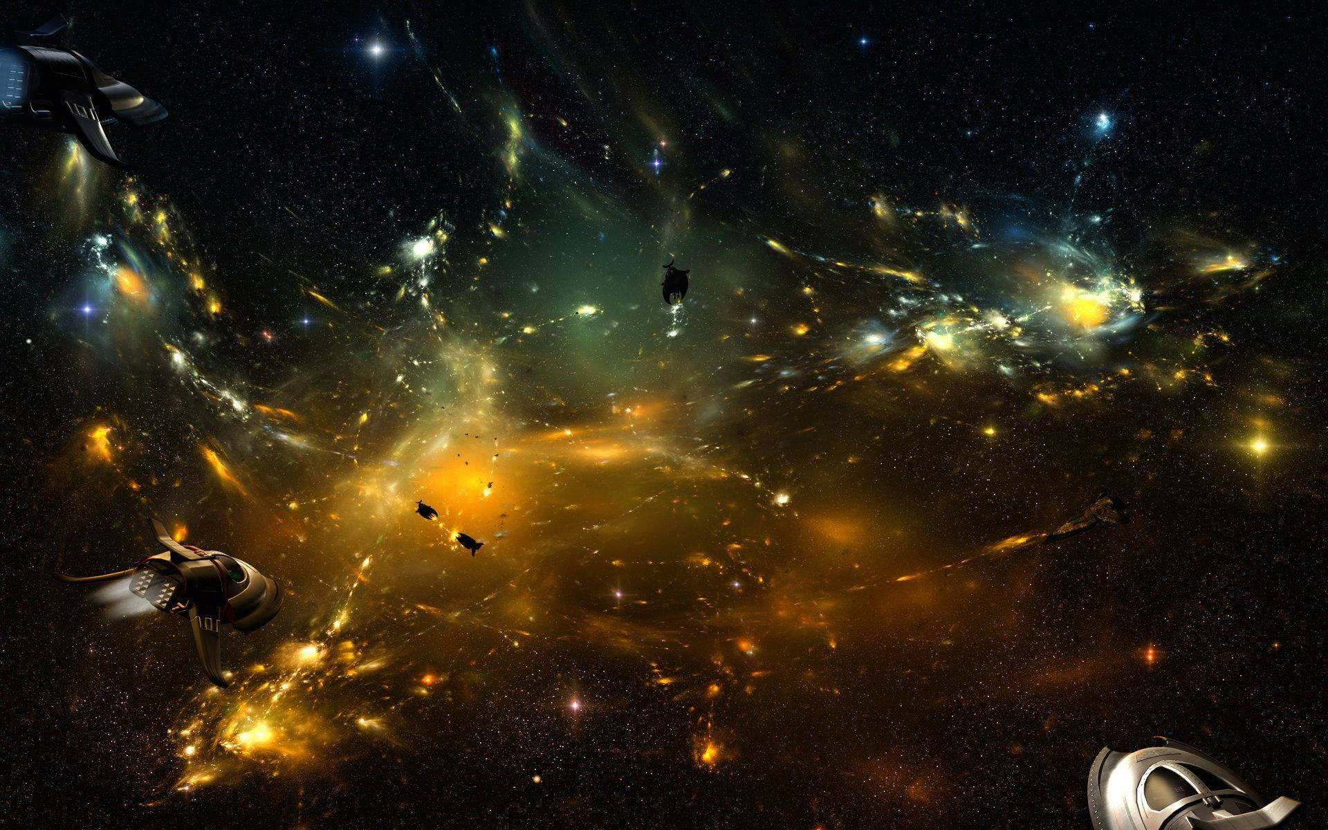 太陽系 桌布 壁紙 — 發光星雲和遙遠星系的宇宙景觀，時尚的太空船在佈滿星星的虛空中漂浮。