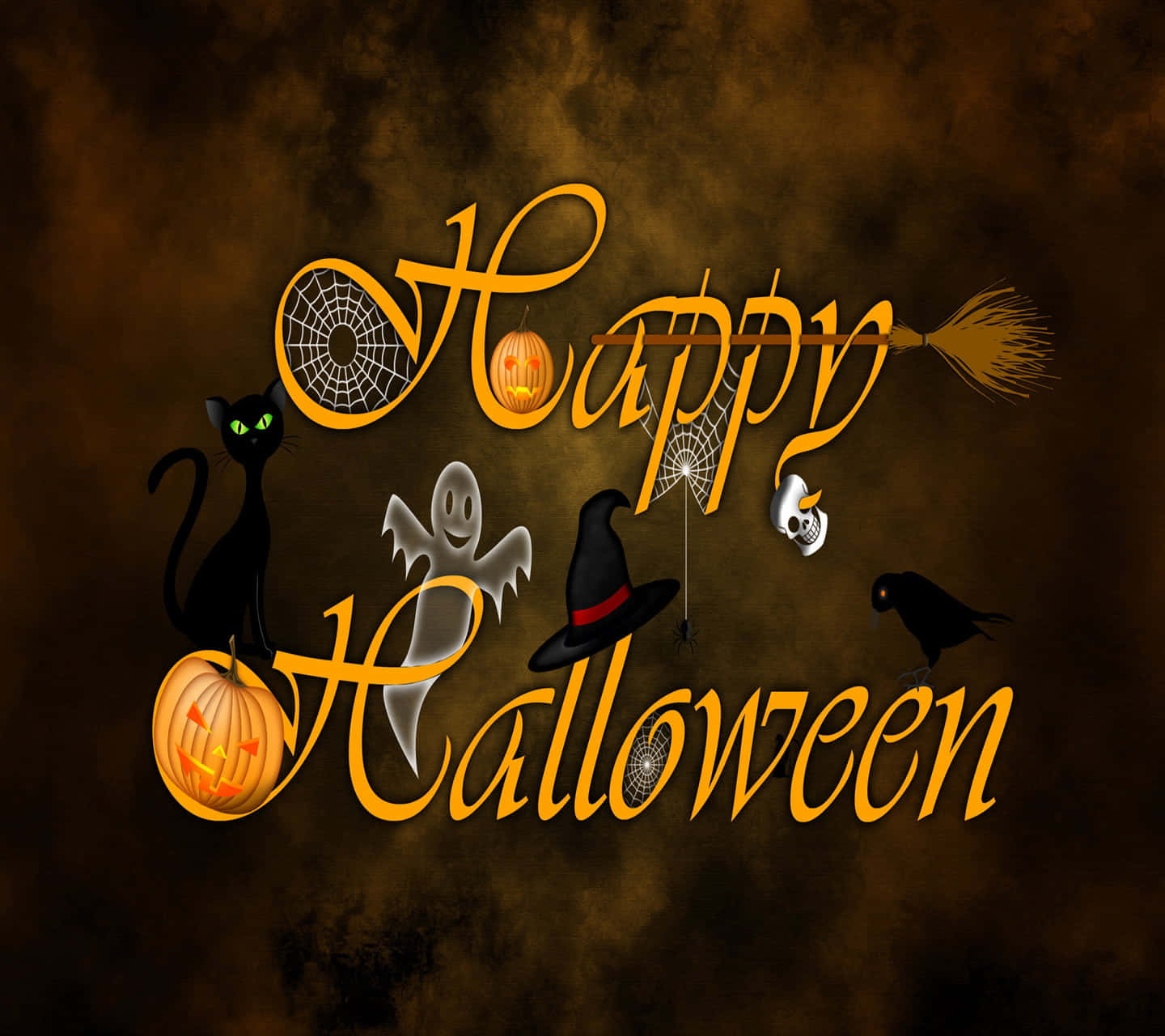 Happy Halloween 桌布 壁紙 — 發光橙色字體的「萬聖節快樂」文字，周圍環繞著黑貓、鬼魂、南瓜、女巫帽和烏鴉等恐怖圖標，背景為黑暗煙霧繚繞。