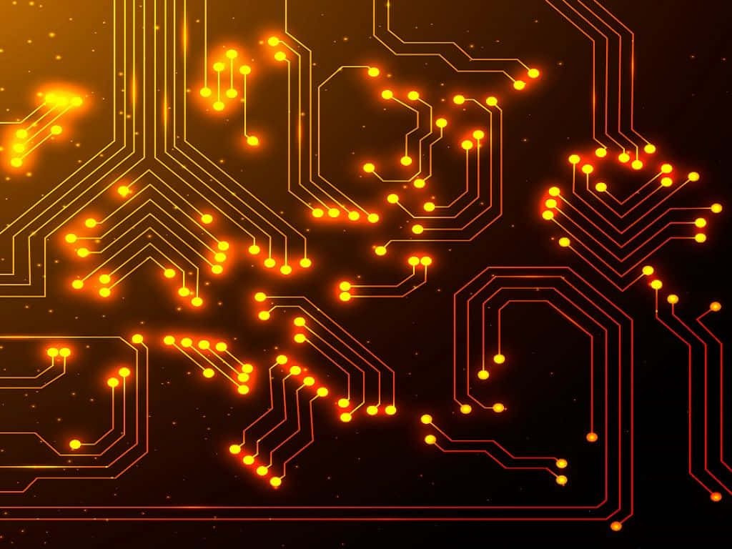 Electronics 桌布 壁紙 — 發光橙色電路板路徑，帶有明亮節點，背景為深色。
