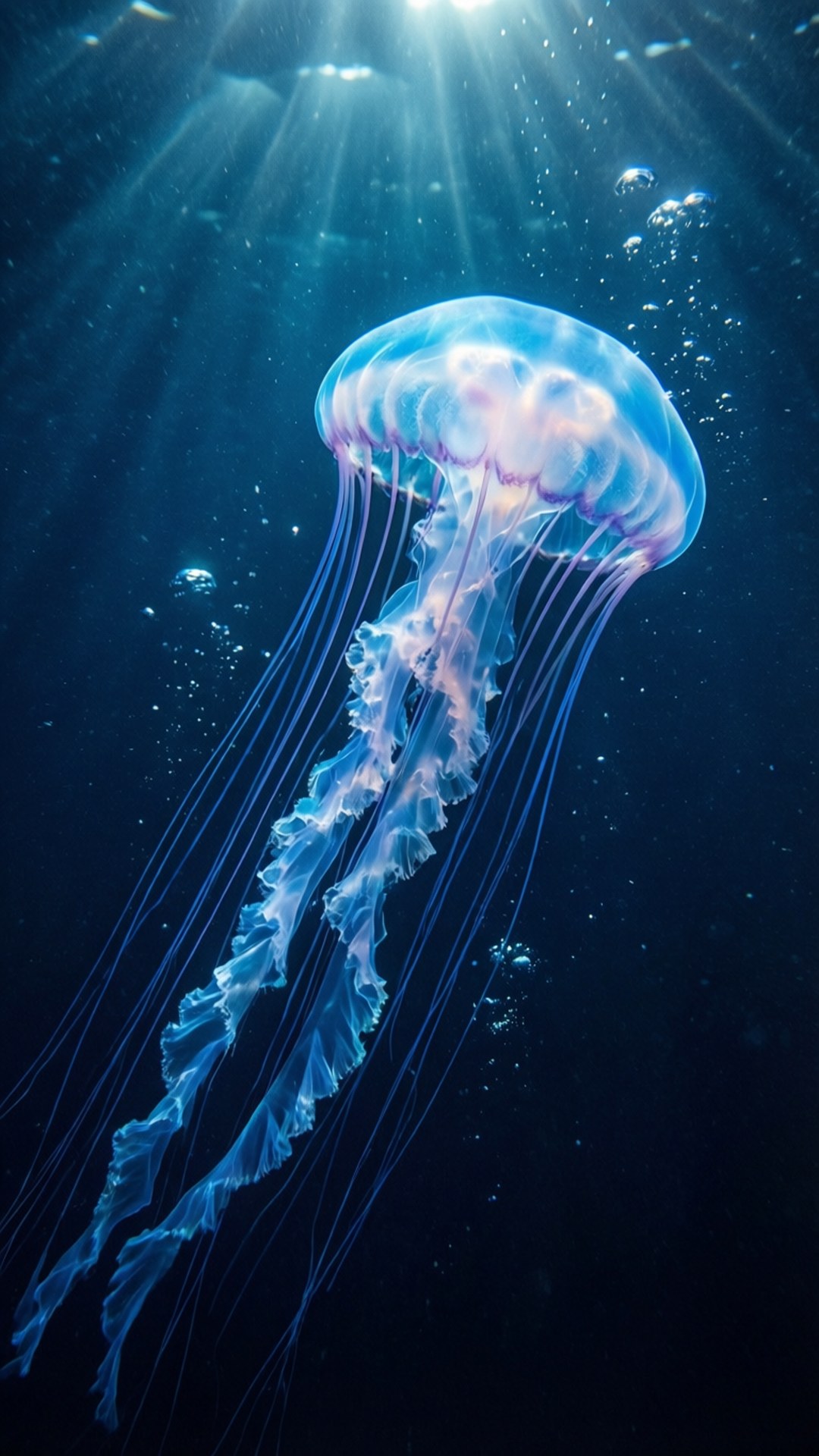 發光水母 壁紙 — 一隻發光的水母在深藍色的海水中優雅地漂流，而陽光穿透上方的水面。