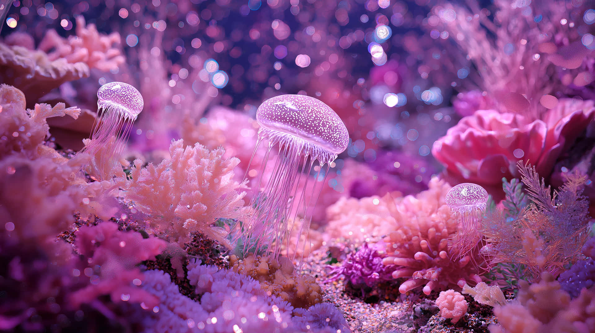 Sparkling Jellyfish in Vibrant Pink Coral Reef Scene 壁紙 — 發光水母在充滿活力的粉紅色珊瑚間漂流，營造出帶有閃爍光粒子的夢幻水下場景。