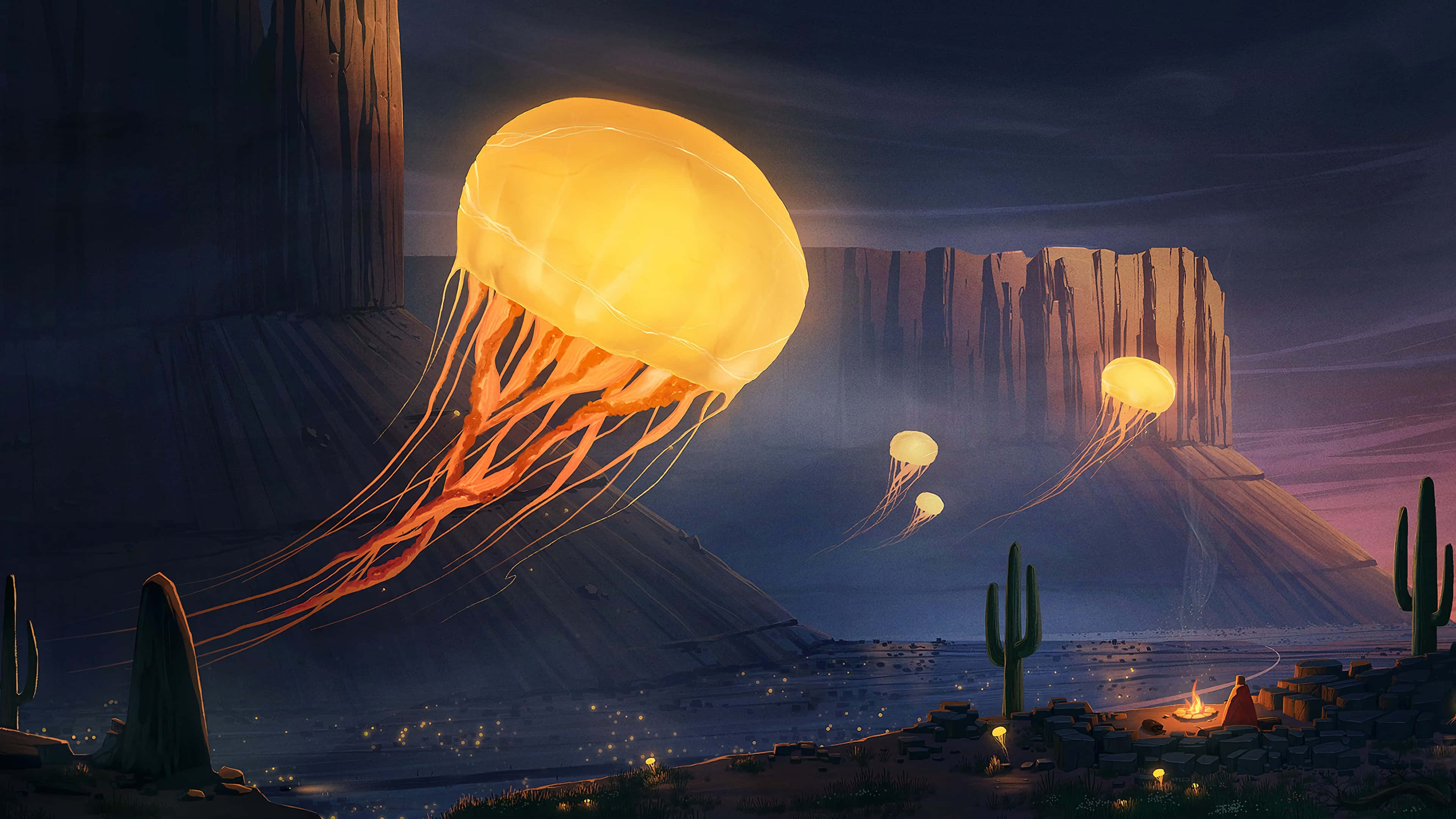 4K Jellyfish 桌布 壁紙 — 發光水母漂浮在沙漠峽谷上空，暮色中營火在下方閃爍。