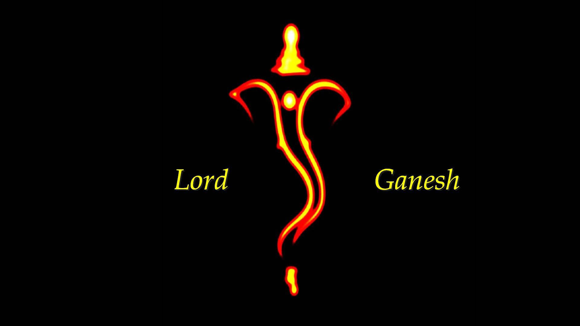 Hindu God 桌布 壁紙 — 發光火橙色象神 Lord Ganesha 剪影，黑色背景搭配黃色文字。