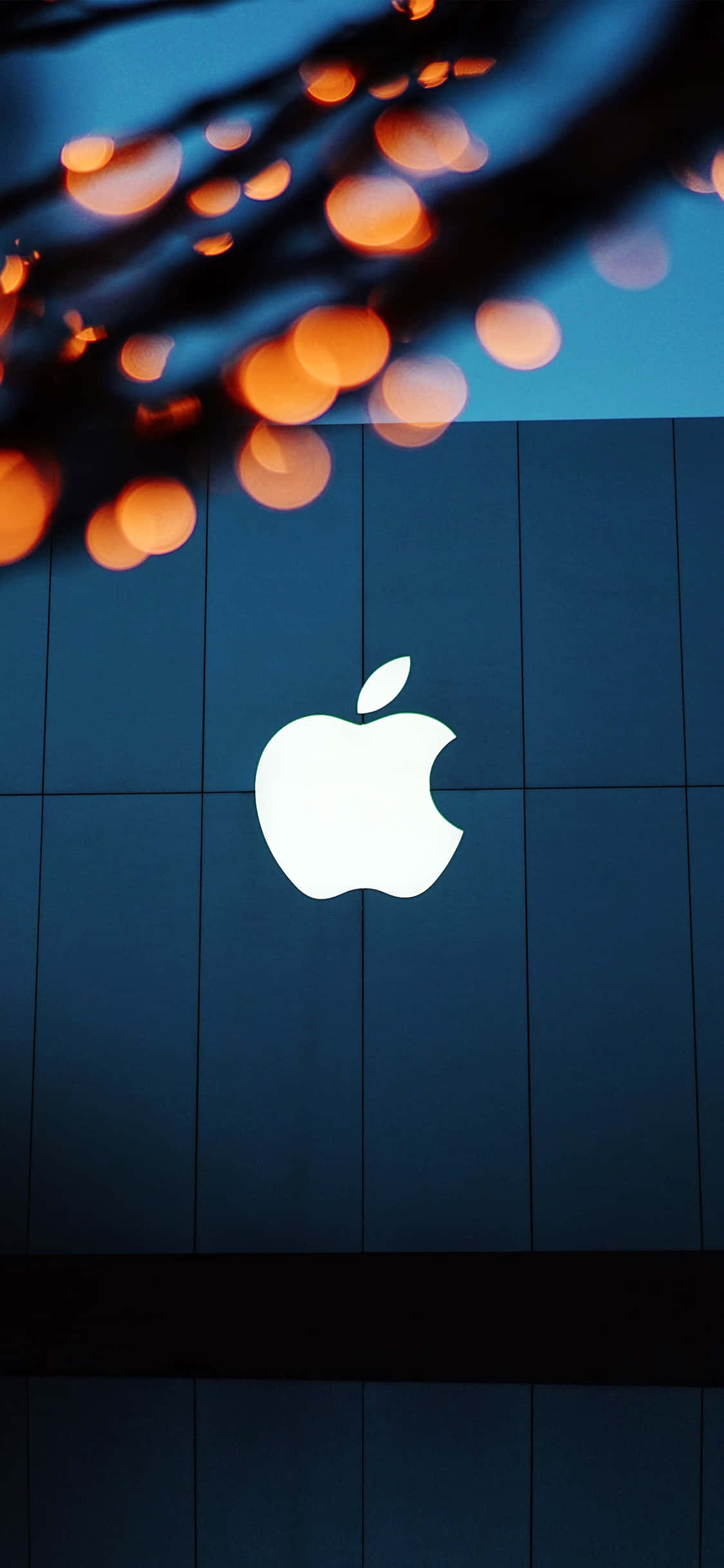 iPhone X Apple Logo 桌布 壁紙 — 發光白色Apple標誌居中在深藍色瓷磚牆上，上方有溫暖橙色散景燈光。