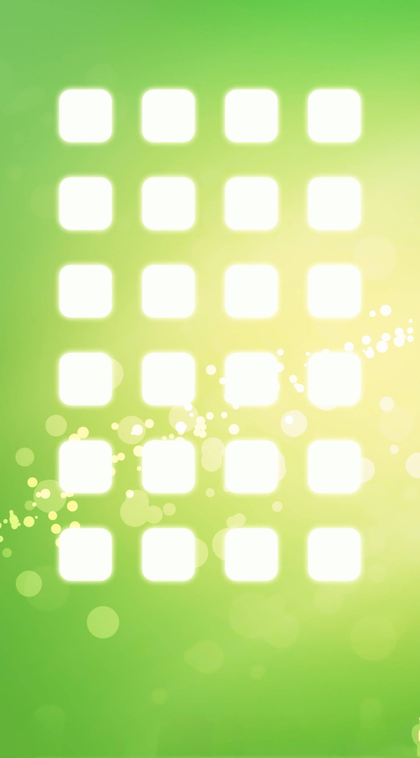 Green iPhone 桌布 壁紙 — 發光白色正方形的網格漂浮在柔和的綠色漸變背景上，帶有閃爍的散景效果。