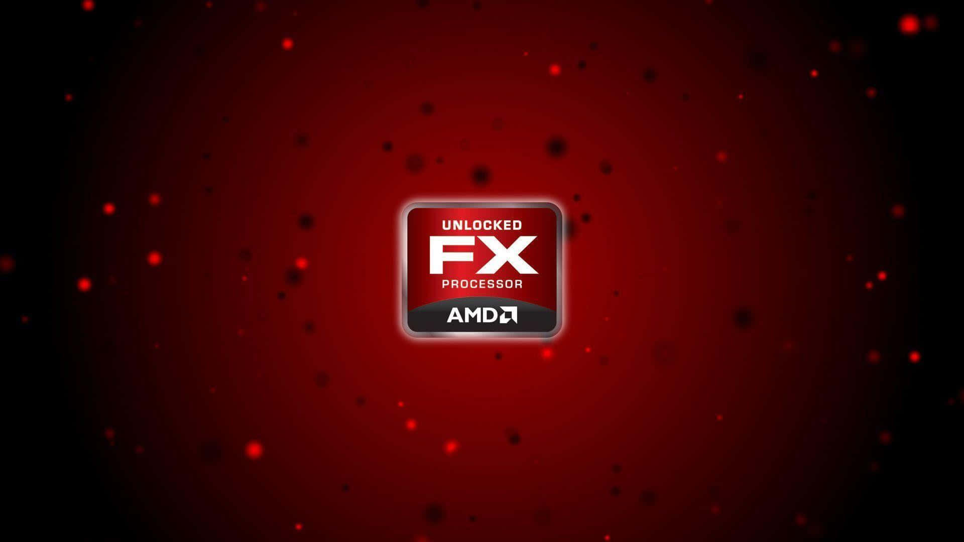 AMD 桌布 壁紙 — 發光的 AMD FX 處理器標誌，居中於動態紅色漸變背景上，帶有浮動粒子。
