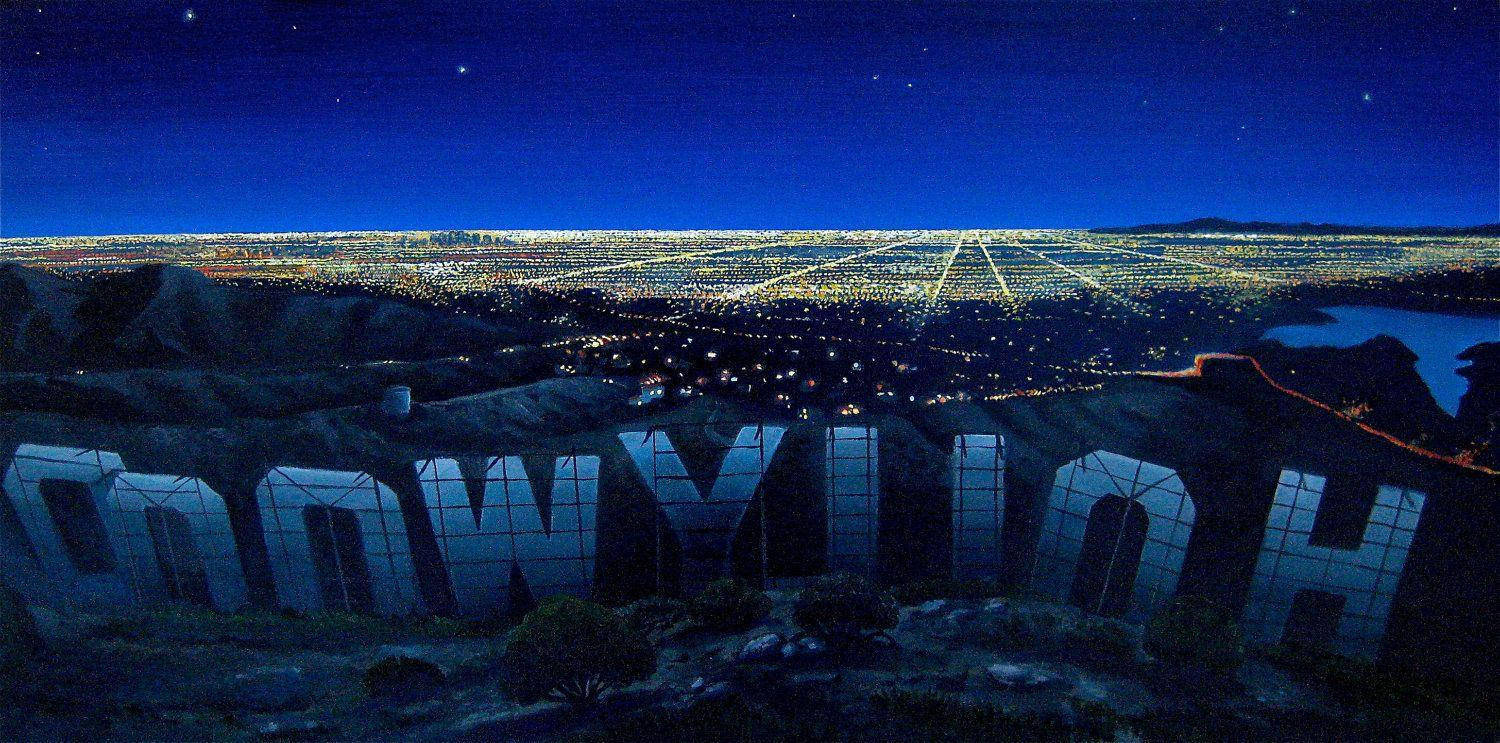美國 桌布 壁紙 — 發光的「HOLLYWOOD」標誌俯瞰著星空下廣闊的城市景觀。