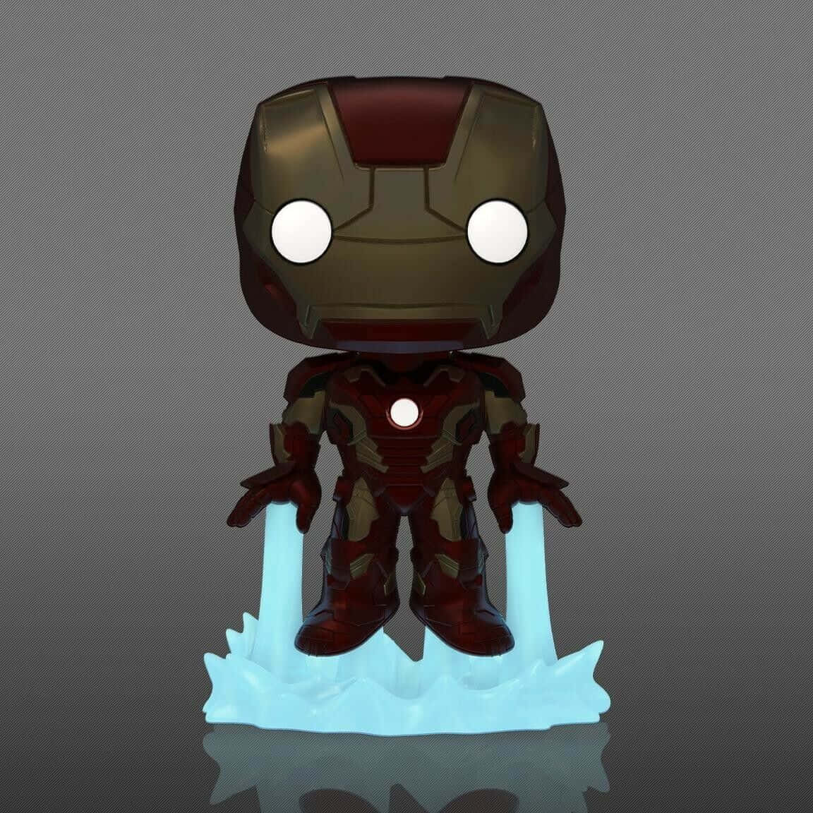 Iron Man Pop Figures 桌布 壁紙 — 發光的 Iron Man Funko Pop 人偶在灰色背景上懸浮，帶有藍色斥力光。