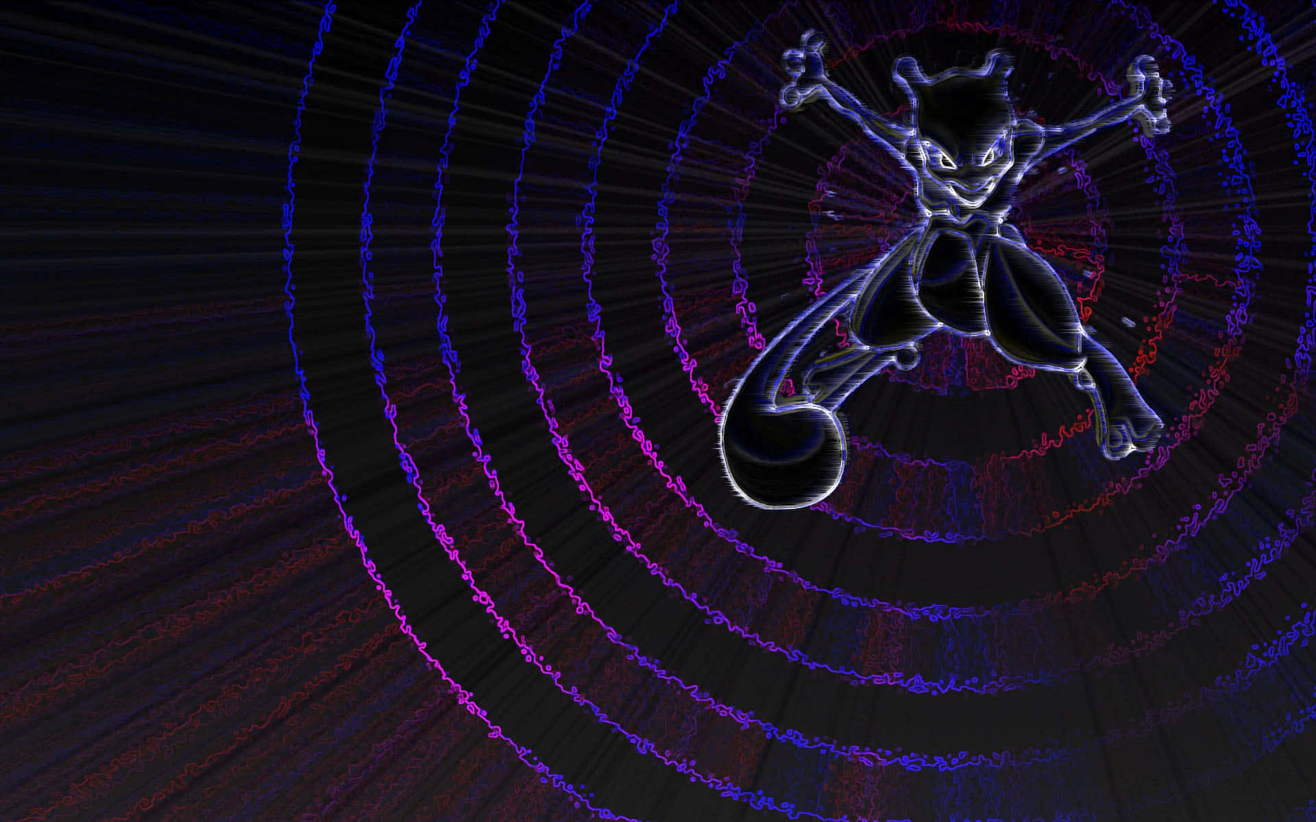 超夢 桌布 壁紙 — 發光的 Mewtwo 剪影在黑暗背景上動態跳躍，散發出同心圓的藍色和紫色能量波。
