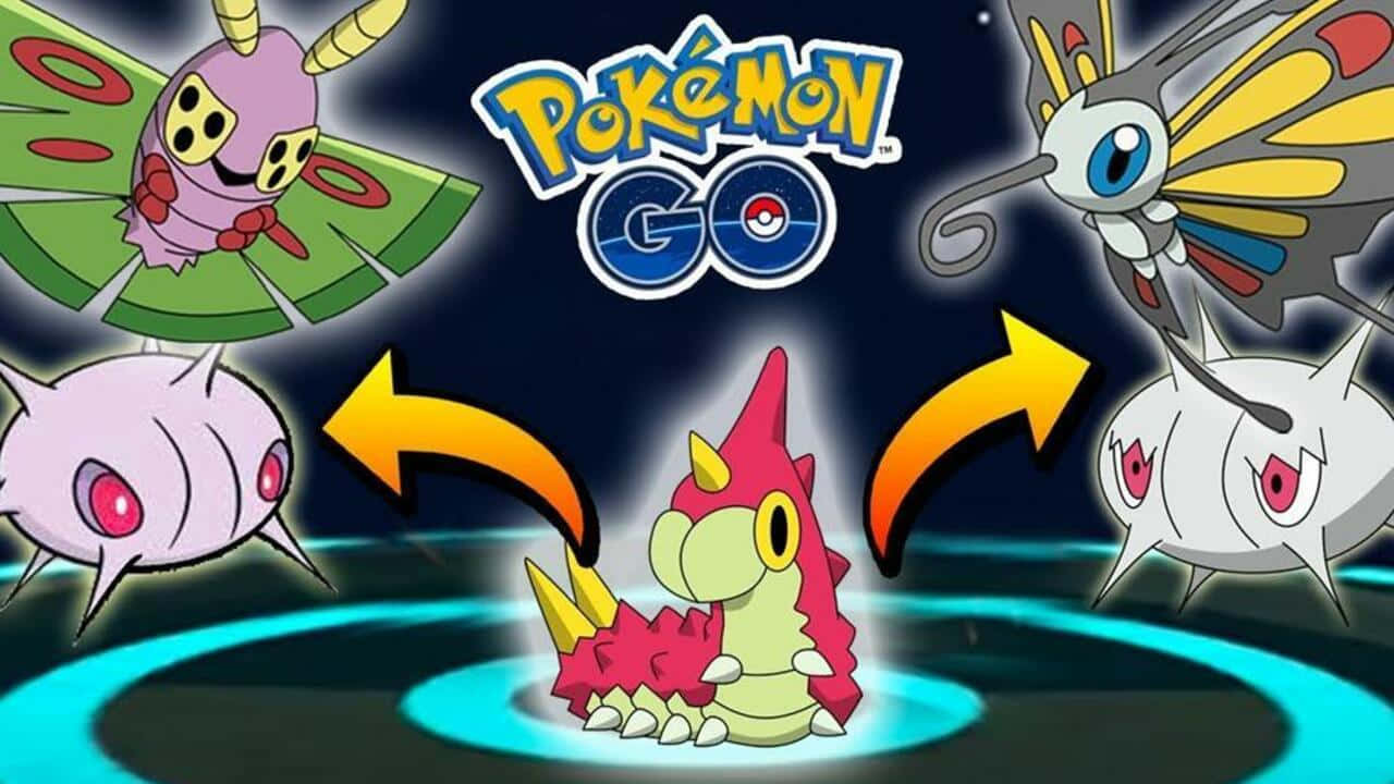 online 桌布 壁紙 — 發光的 Pokémon GO 標誌中央有一隻紅色毛毛蟲寶可夢，箭頭指向其進化形態，背景為黑暗的宇宙。
