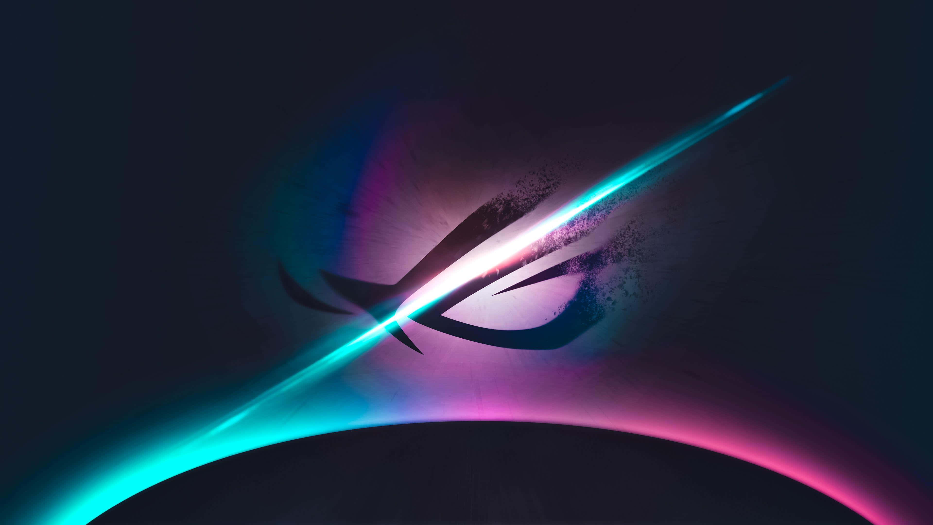RGB 桌布 壁紙 — 發光的 ROG 眼睛標誌在黑暗背景上散發出電光藍和洋紅色光芒，並帶有動態粒子效果。