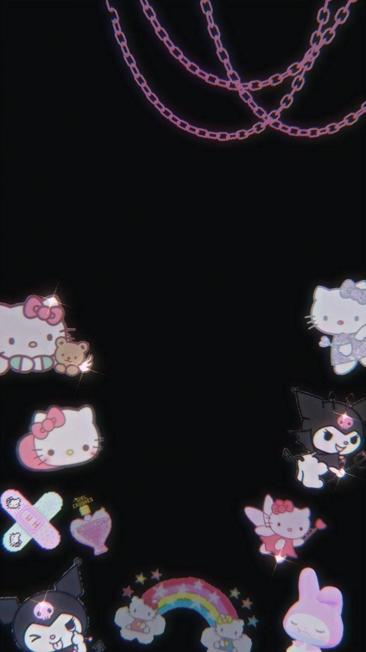 Kitty 桌布 壁紙 — 發光的 Sanrio 角色和粉紅色鏈條在黑色背景上漂浮，形成充滿活力的數位桌布。