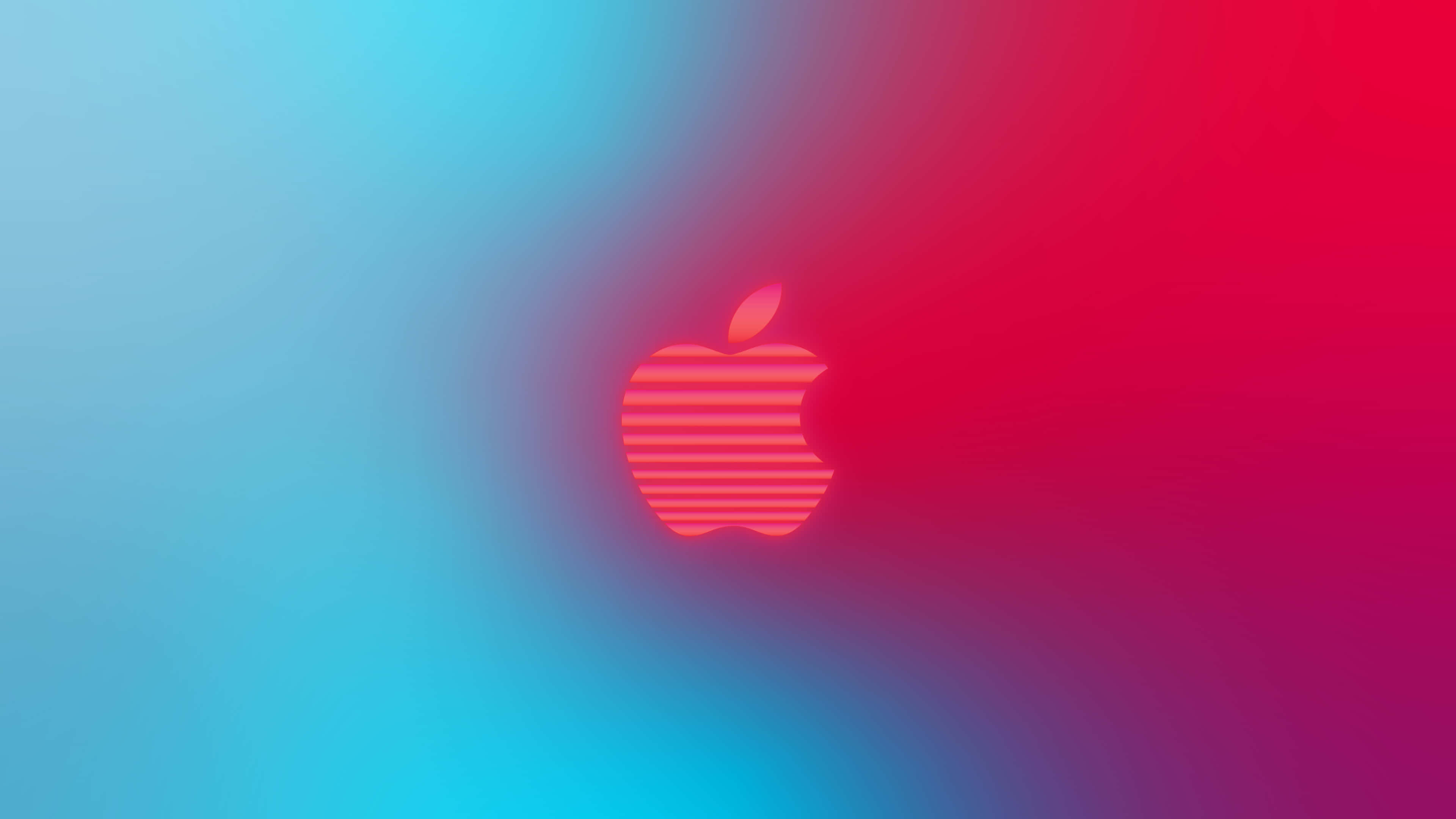 Apple 4K 桌布 壁紙 — 發光的Apple標誌，帶有水平條紋，居中於從青色漸變到洋紅色的背景上。