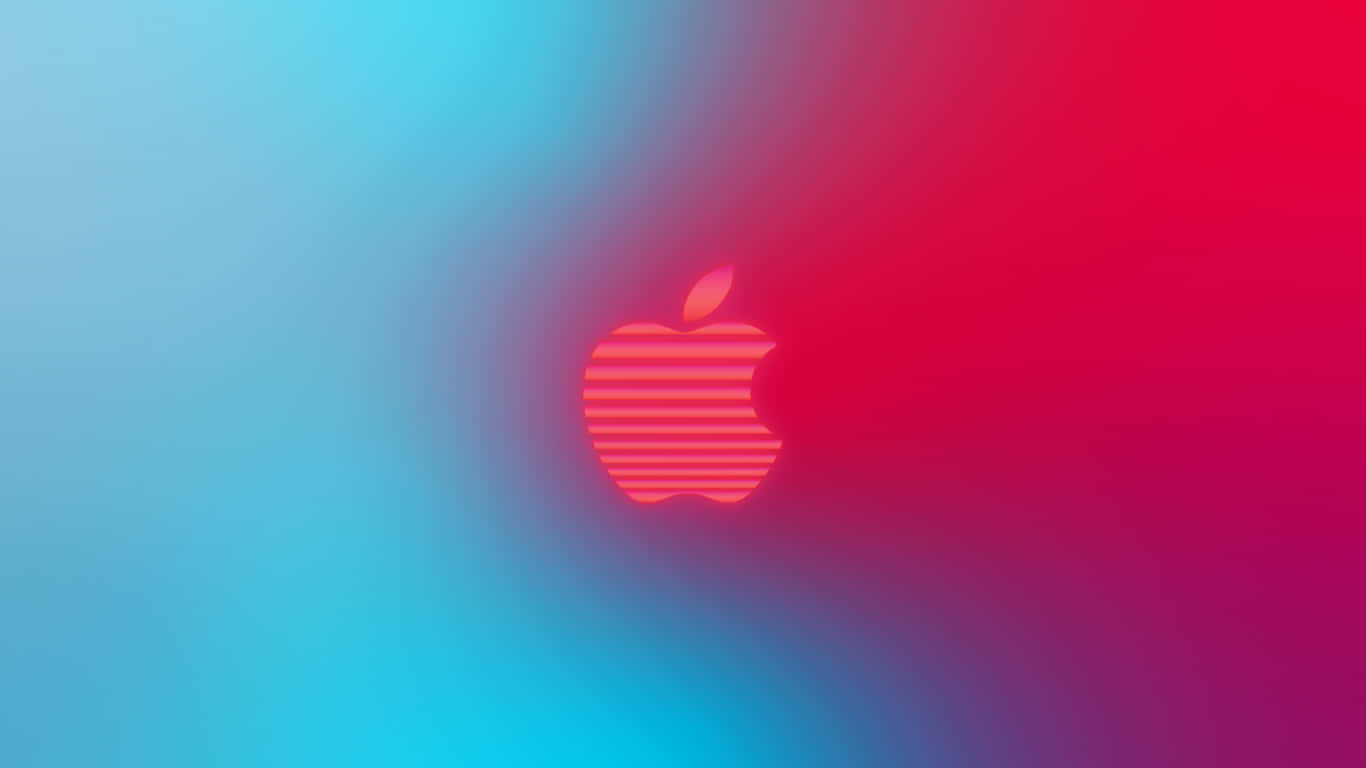1366x768 Apple 桌布 壁紙 — 發光的Apple標誌，帶有水平條紋，居中於充滿活力的藍色到紅色漸變背景上。