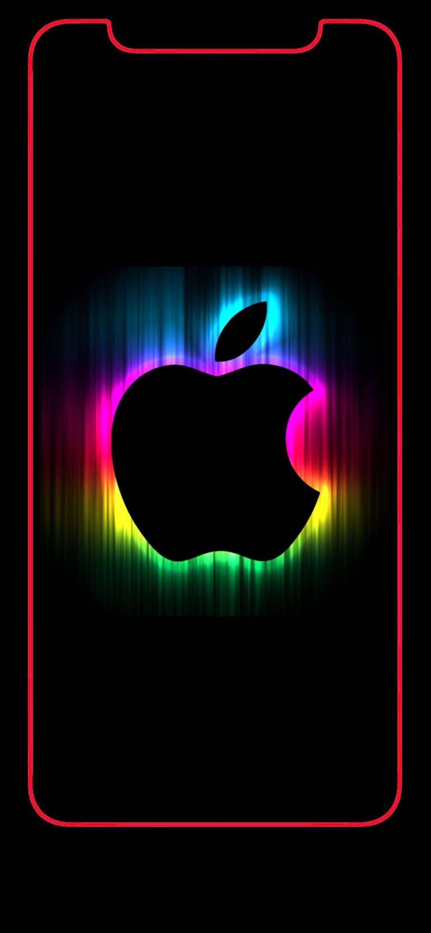 Neon Colors 桌布 壁紙 — 發光的Apple標誌在帶有紅色邊框的黑色手機螢幕上散發出鮮豔的彩虹光芒。