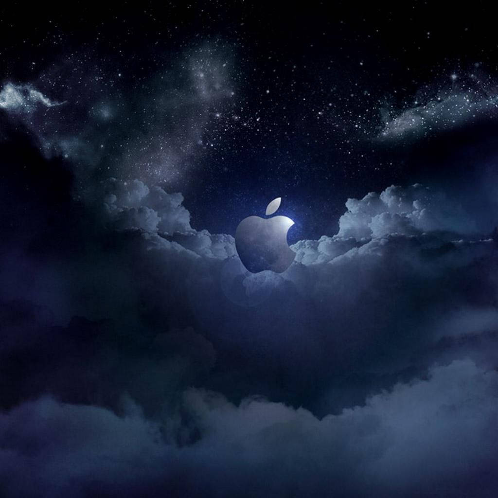 Apple標誌在夜空發光，有星星和雲 — iPad mini 動態圖片 壁紙