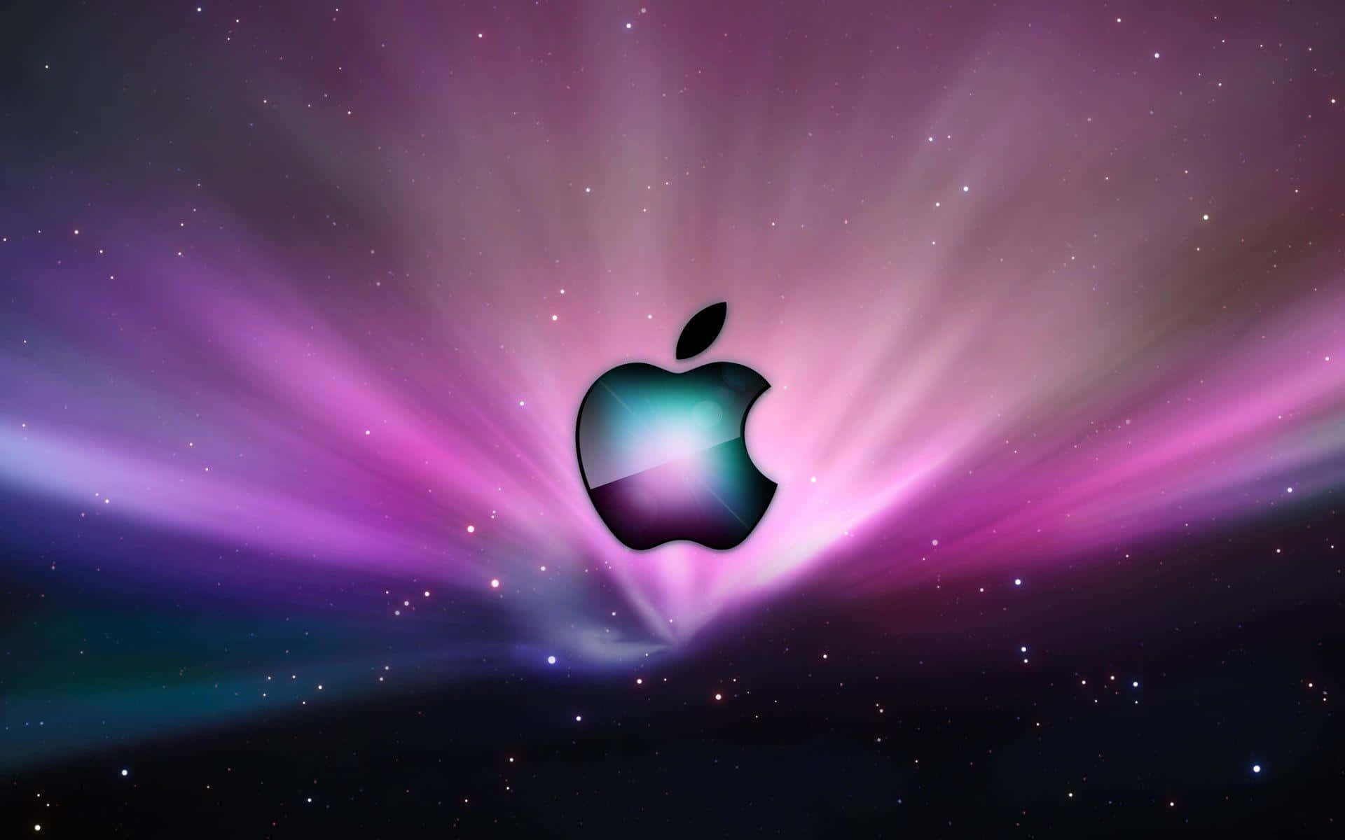 Best Apple 桌布 壁紙 — 發光的Apple標誌在星空宇宙背景下散發出充滿活力的紫色和藍綠色光芒。