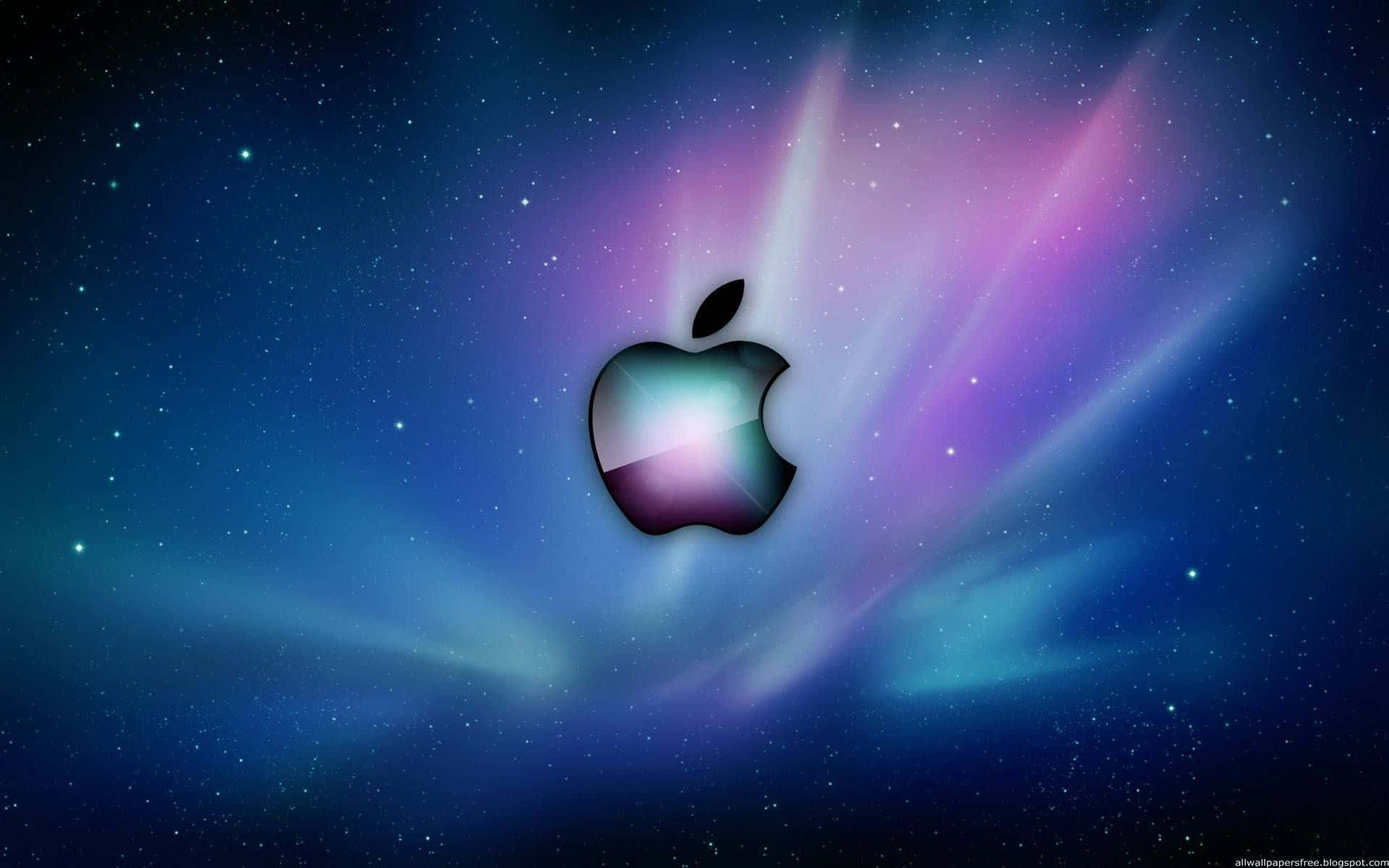 太空 桌布 壁紙 — 發光的Apple標誌在深藍色和紫色的星空宇宙背景中散發出多彩的光束。