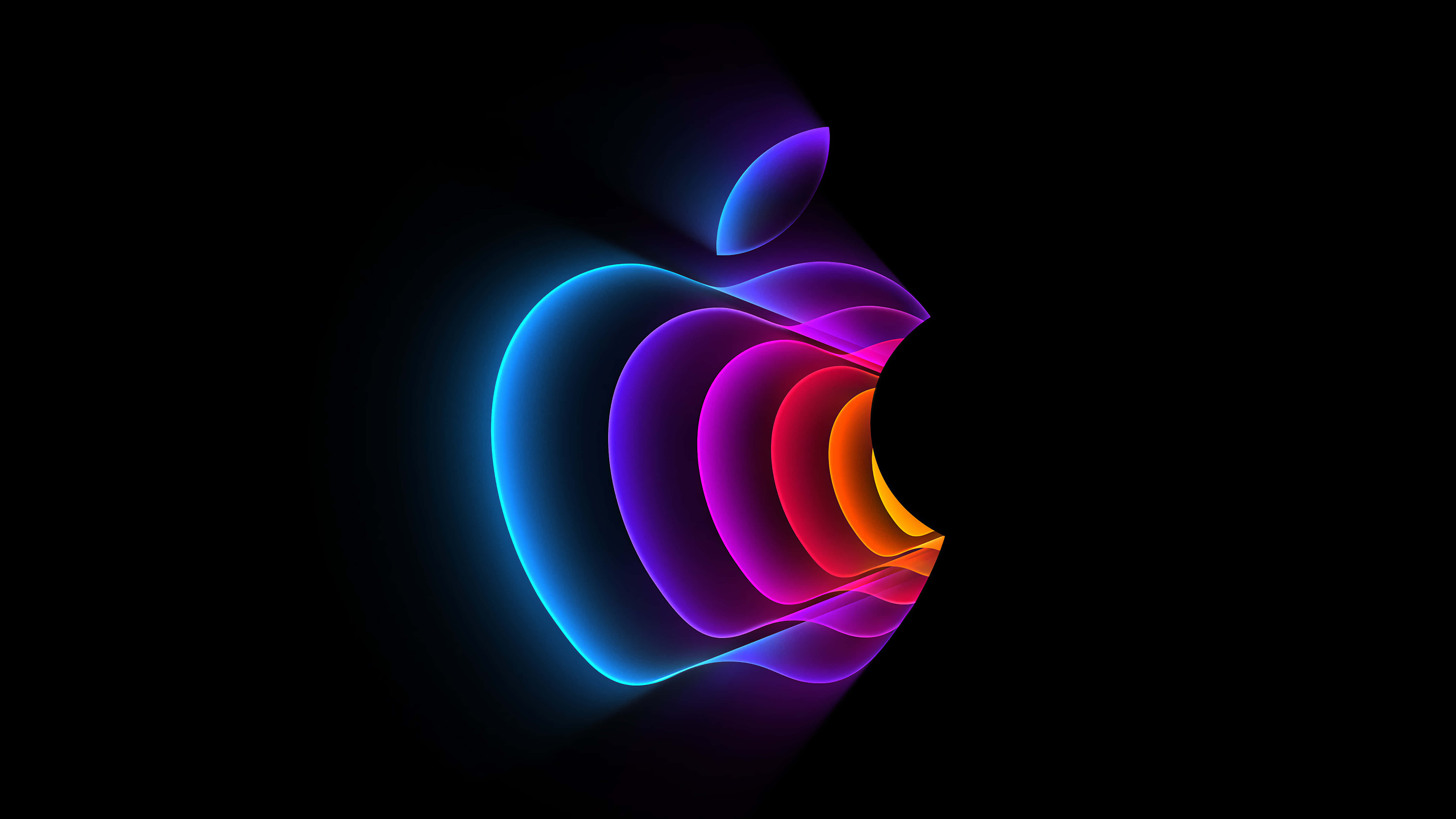 4K Apple 桌布 壁紙 — 發光的Apple標誌在漆黑背景上散發出鮮豔的霓虹色調。