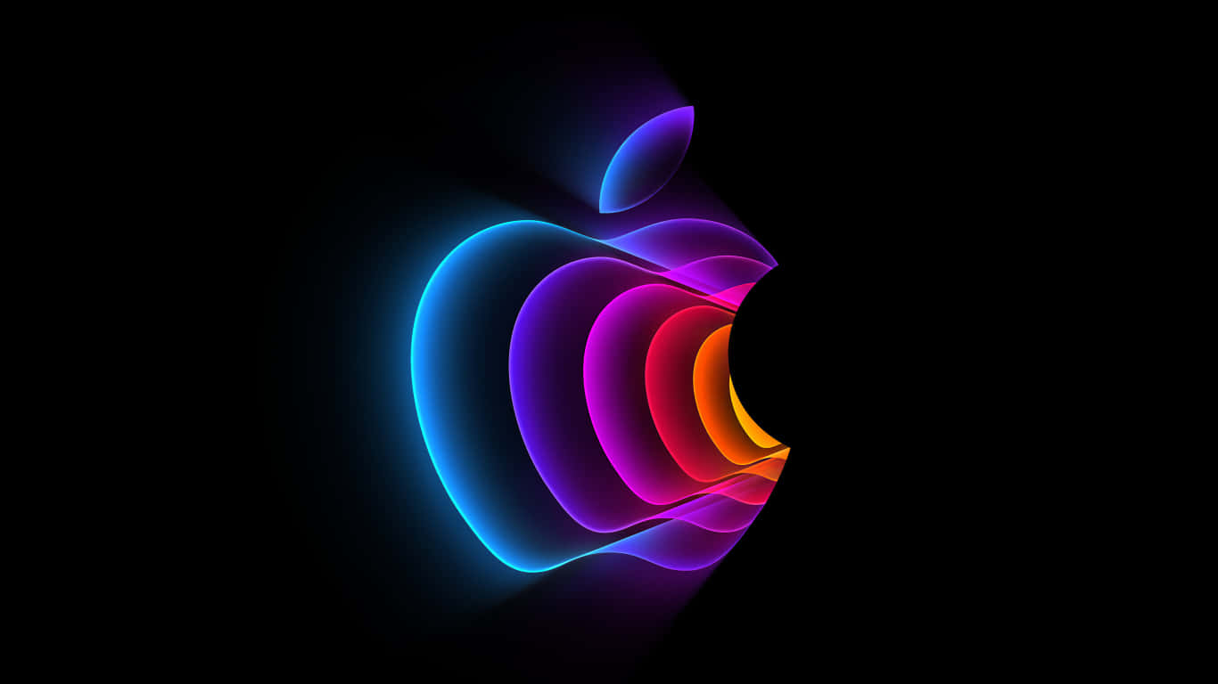 1366x768 桌布 壁紙 — 發光的Apple標誌在黑色背景上散發出鮮豔的霓虹色彩，並帶有層疊的半透明弧線。