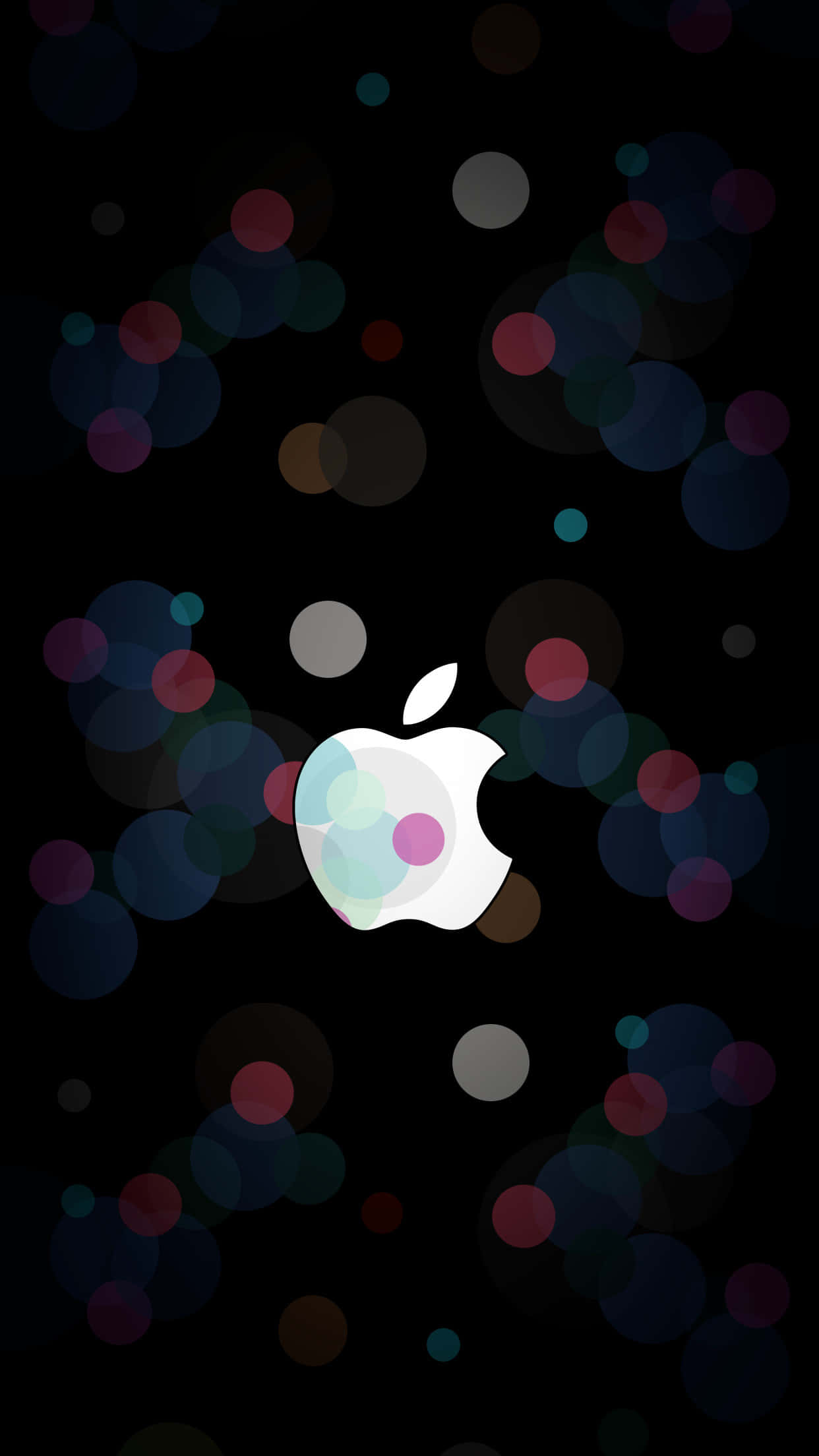 桌布 壁紙 — 發光的Apple標誌居中於黑色背景上，帶有彩色散景燈光。