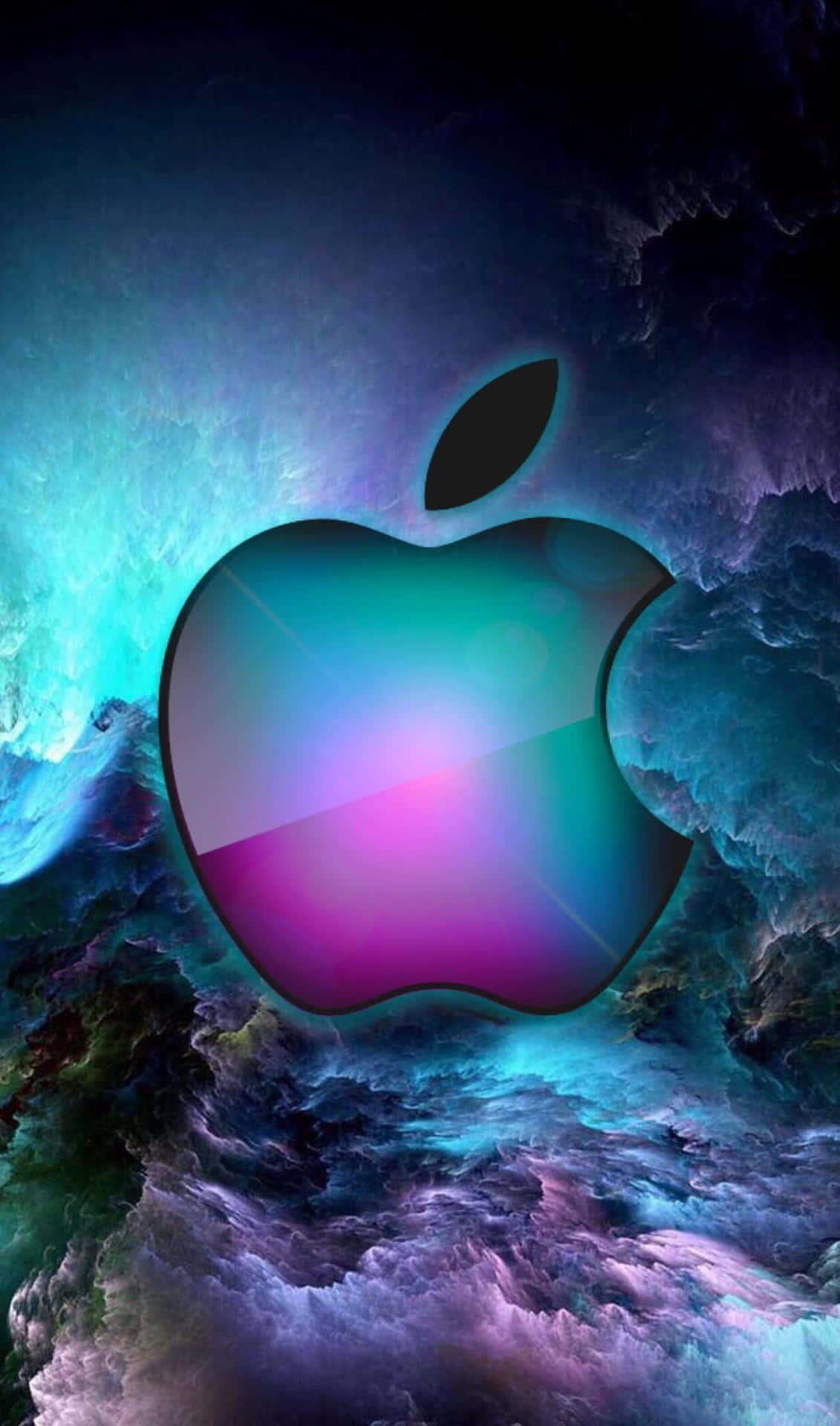 被彩色宇宙雲包圍的發光Apple標誌。 — 蘋果標誌 GIF 壁紙