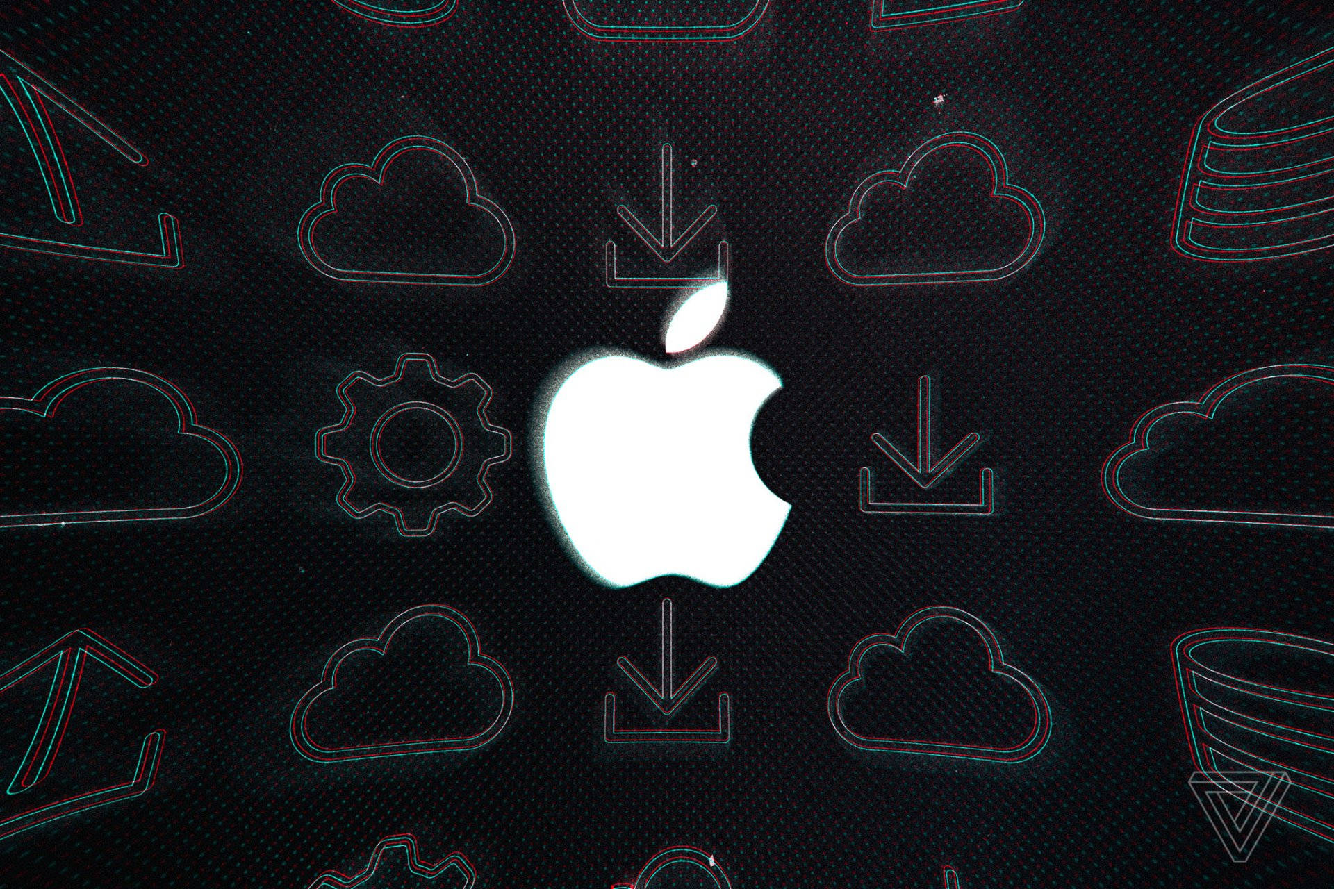 發光的Apple標誌搭配數位圖示在深色背景上