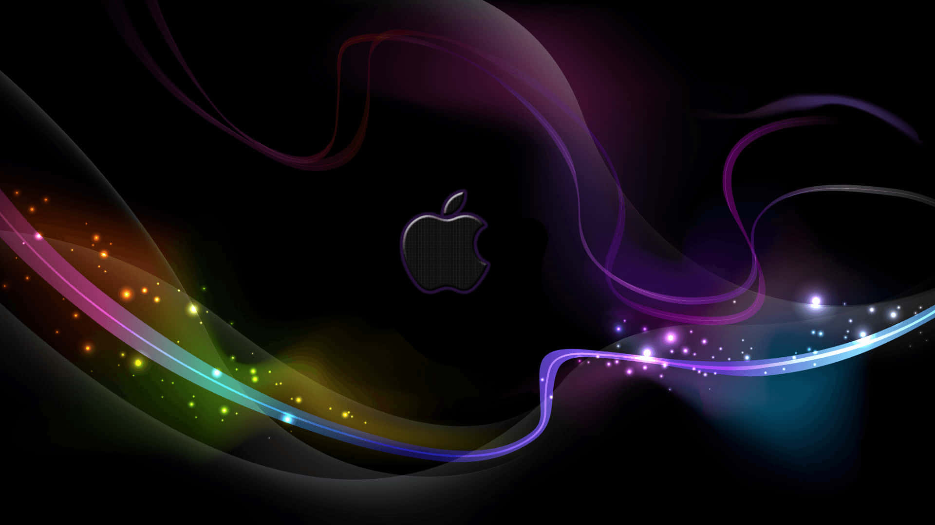 1920x1080 Apple 桌布 壁紙 — 發光的Apple標誌置於深色背景中央，伴隨旋轉的彩色光軌和閃爍粒子。