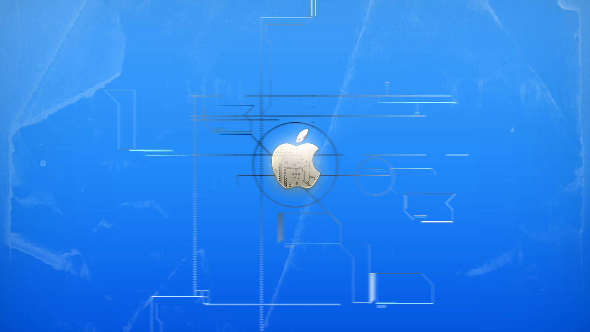 桌布 壁紙 — 發光的Apple標誌置於藍色數位介面中央，帶有電路般的線條和刮痕紋理。