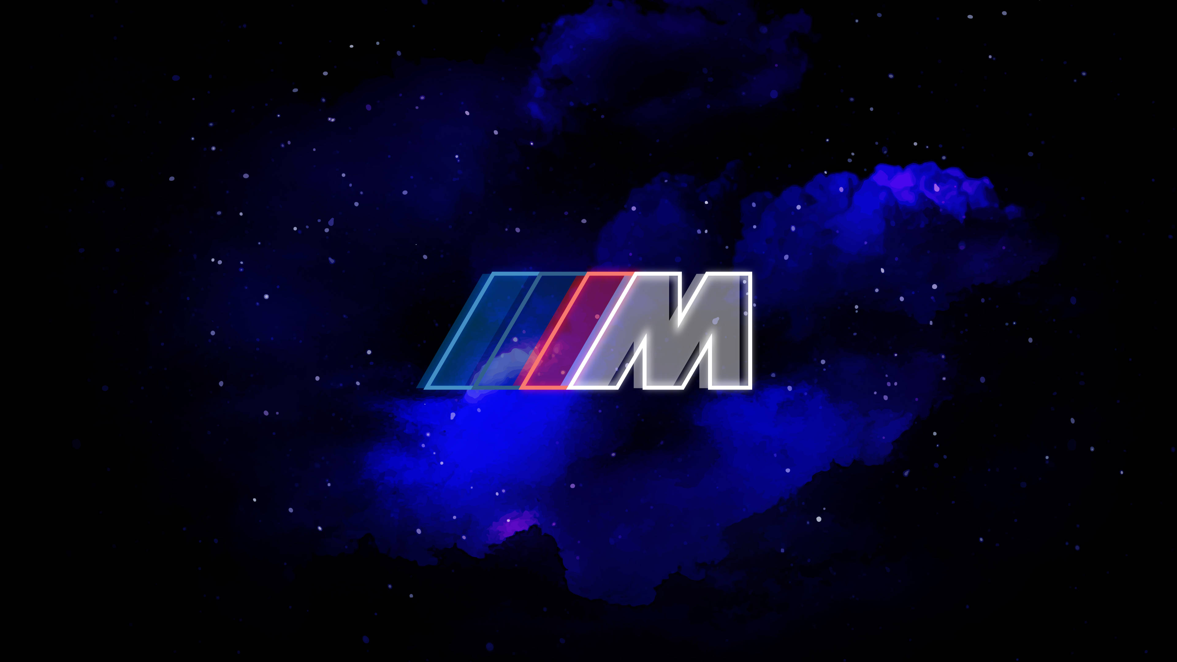 藍色 桌布 壁紙 — 發光的BMW M標誌漂浮在深藍色星雲和閃爍星星的宇宙背景上。