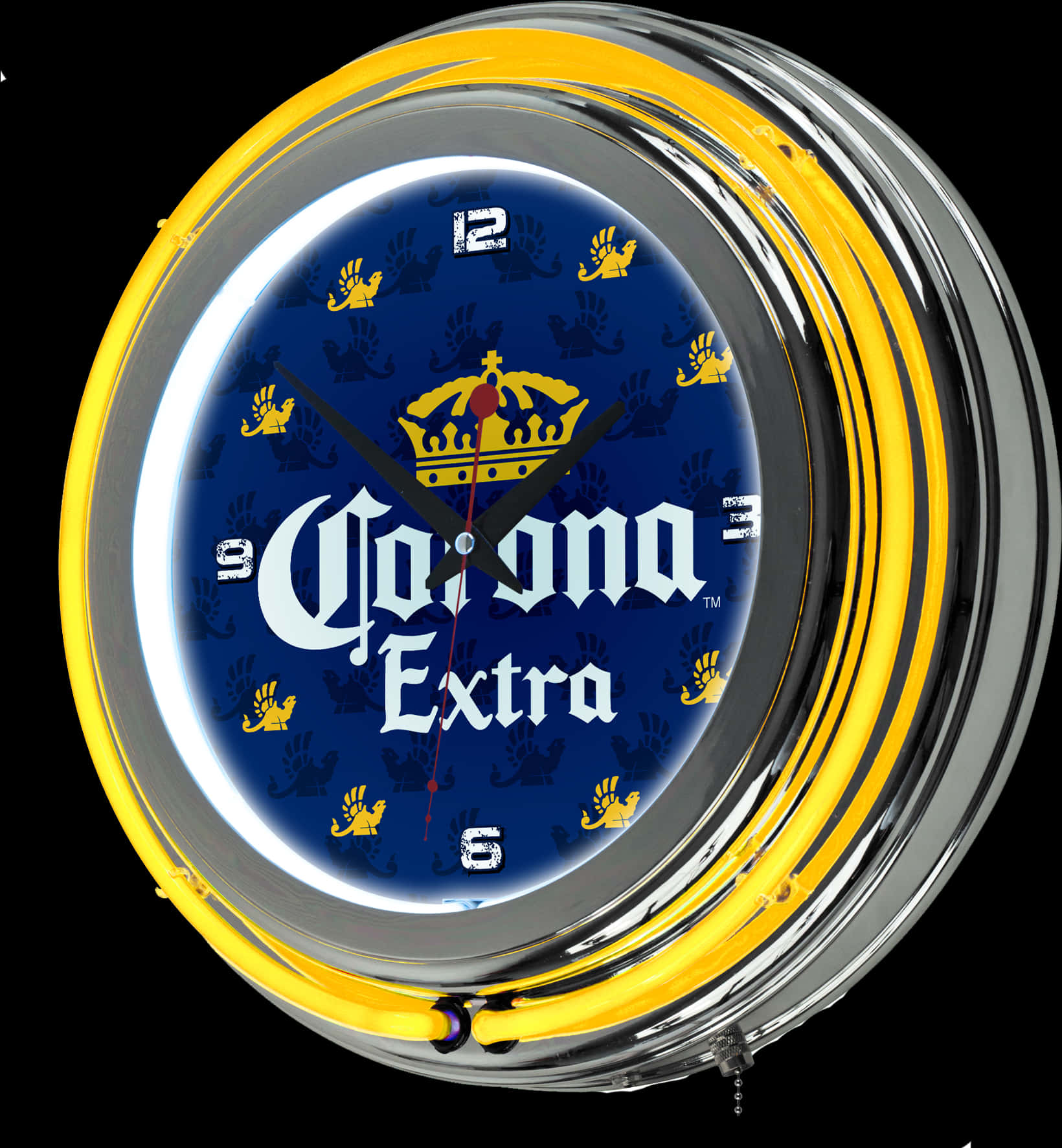 Corona Beer 桌布 壁紙 — 發光的Corona Extra霓虹時鐘，帶有鉻框和黃色光環，背景為黑色。