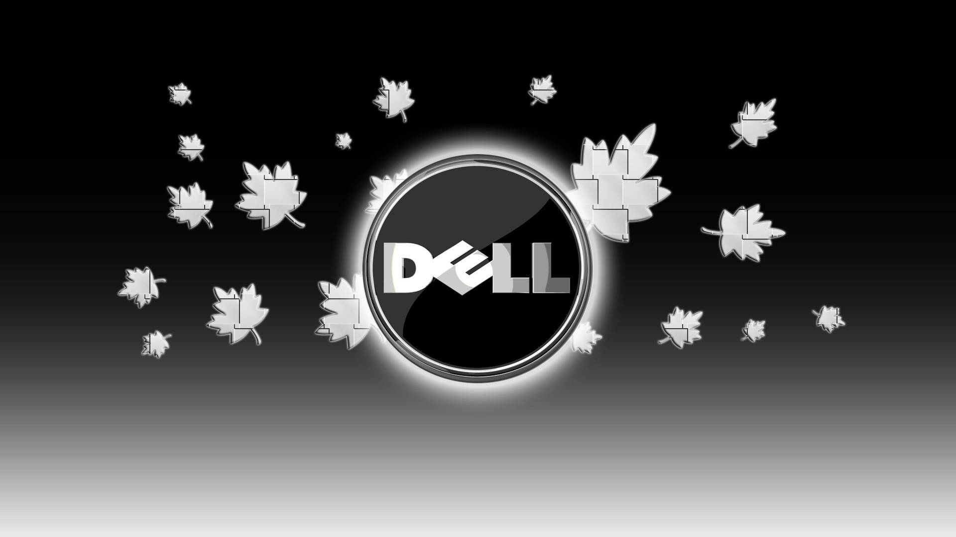 戴爾 HD 桌布 壁紙 — 發光的Dell標誌，周圍環繞著漂浮的銀色楓葉，背景為黑到灰漸變。
