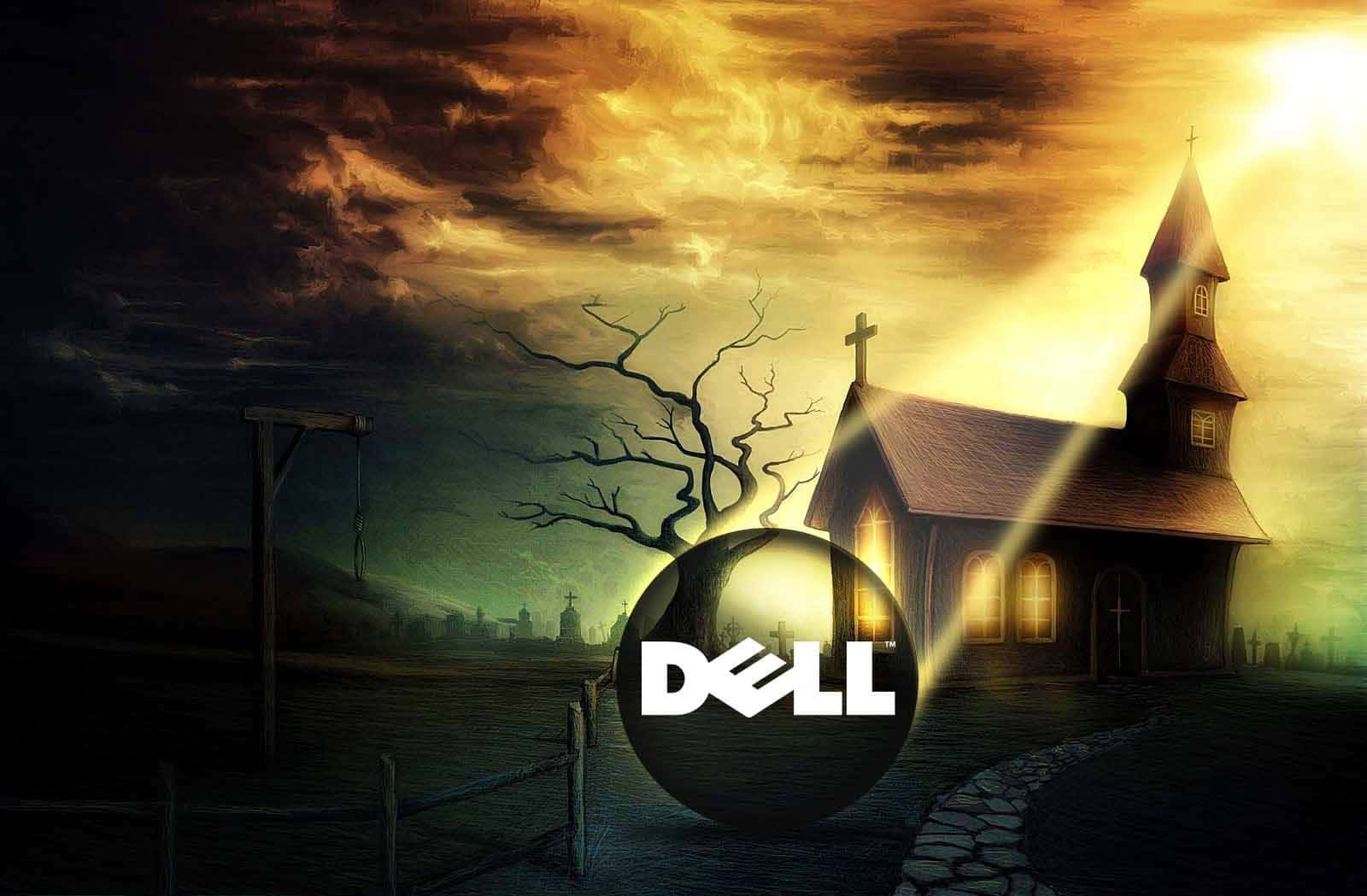 Dell 桌布 壁紙 — 發光的Dell標誌位於一座鬼教堂前，背景是暴風雨日落天空、光禿樹木和絞刑架。