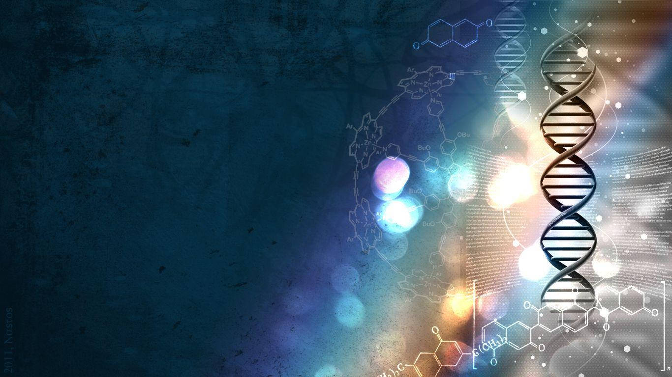科學 桌布 壁紙 — 發光的DNA雙螺旋和分子結構漂浮在帶有光暈的紋理深藍色背景上。