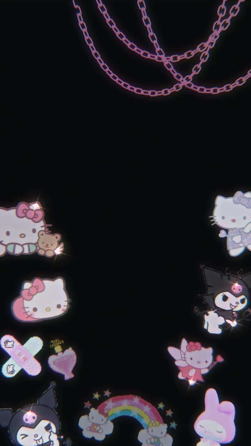 Emo Hello Kitty 桌布 壁紙 — 發光的Hello Kitty和朋友們貼紙在黑色背景上漂浮，上方有粉紅色鏈條。