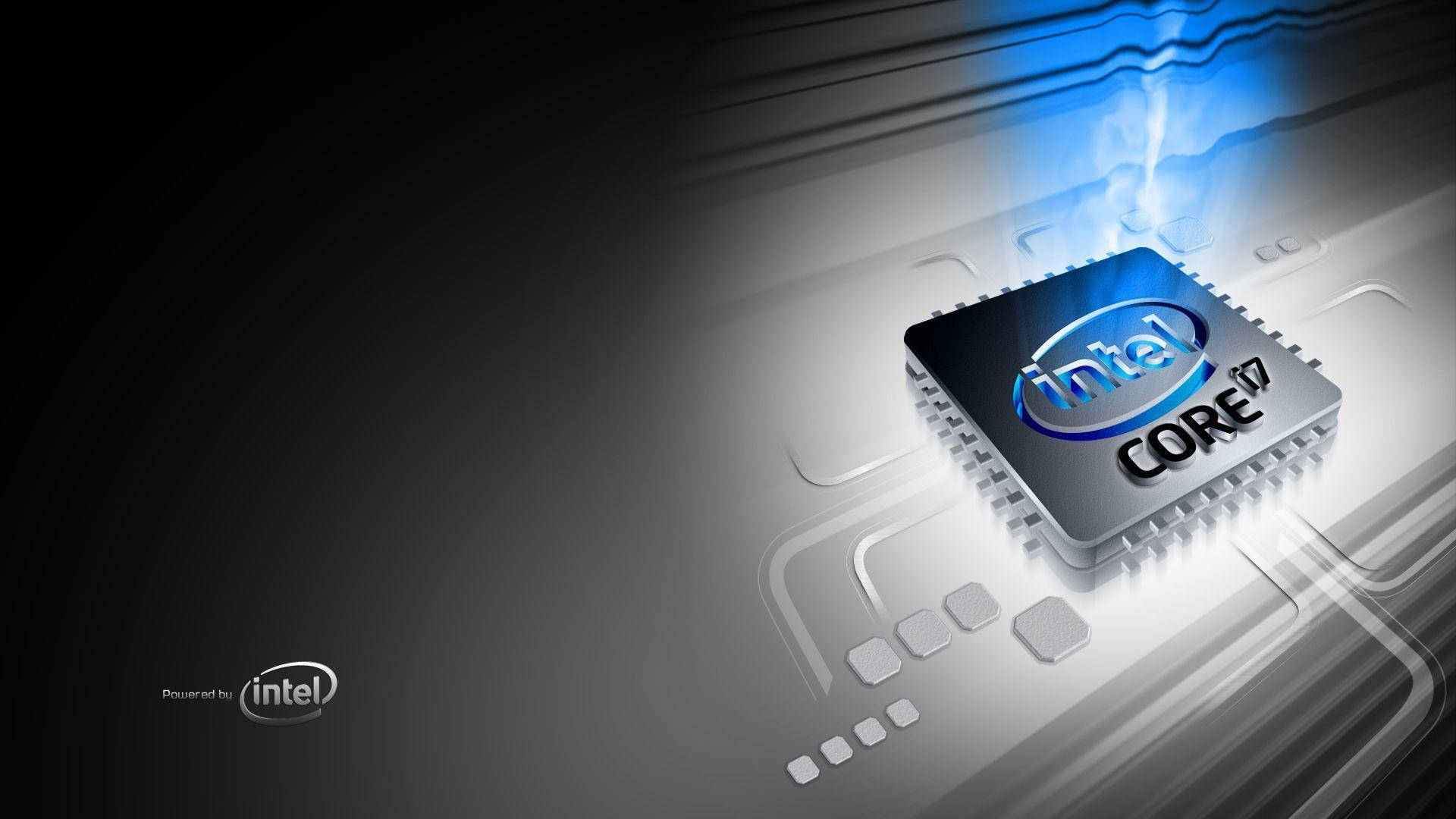 Motherboard 桌布 壁紙 — 發光的Intel Core i7處理器在光滑的電路板上散發出藍色能量，背景為深色漸變。
