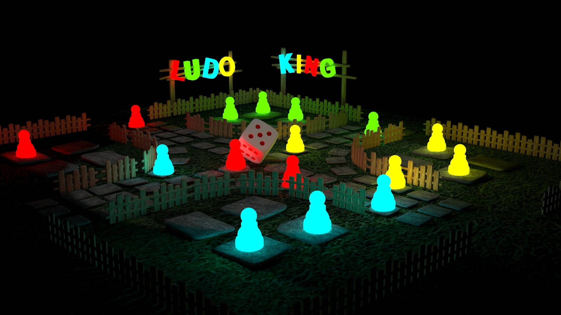 桌布 壁紙 — 發光的Ludo King遊戲板，帶有彩色棋子和骰子，背景為深色。