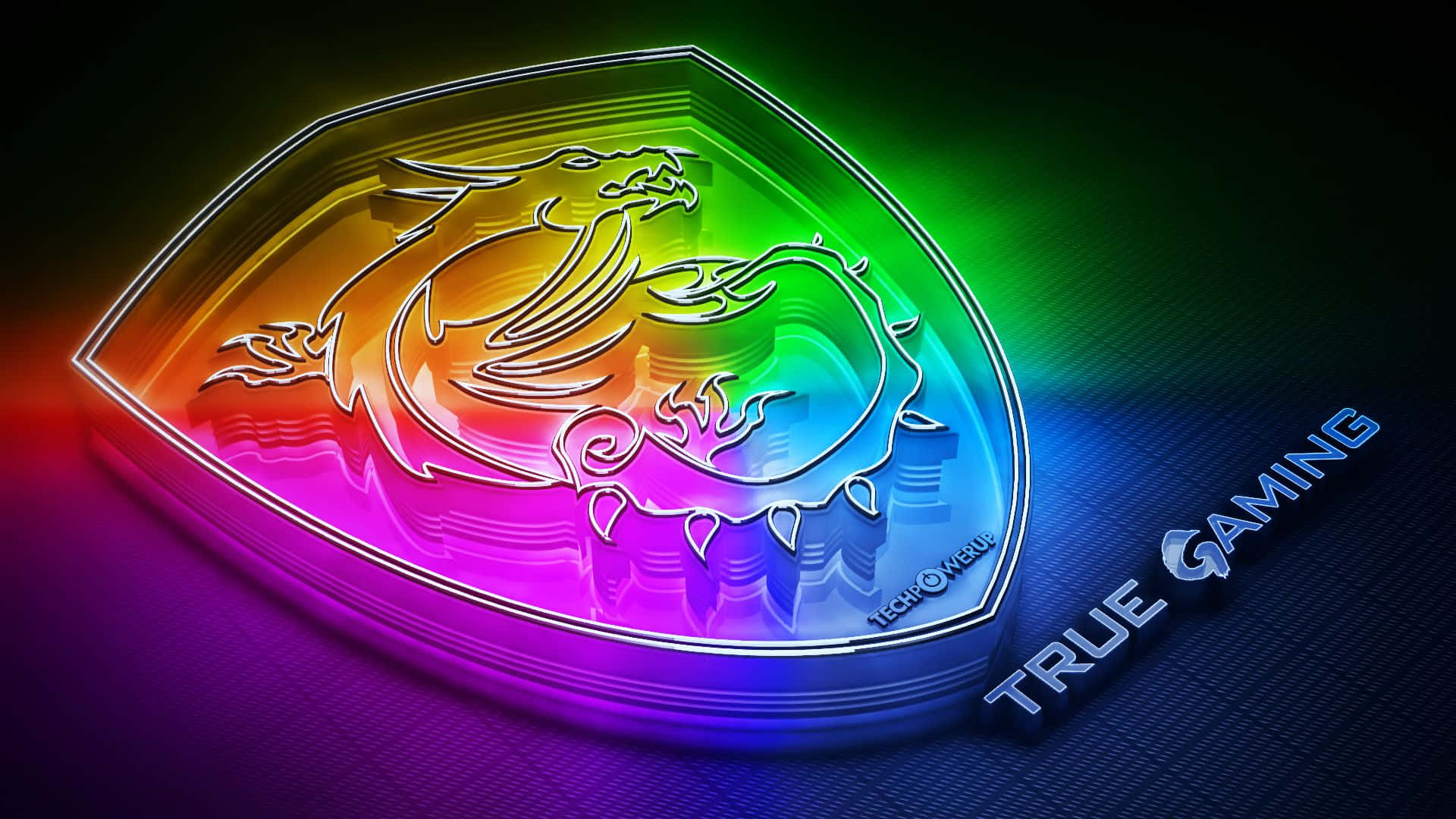 RGB 桌布 壁紙 — 發光的MSI龍標誌在深色紋理背景上散發出彩虹色，並帶有「TRUE GAMING」文字。